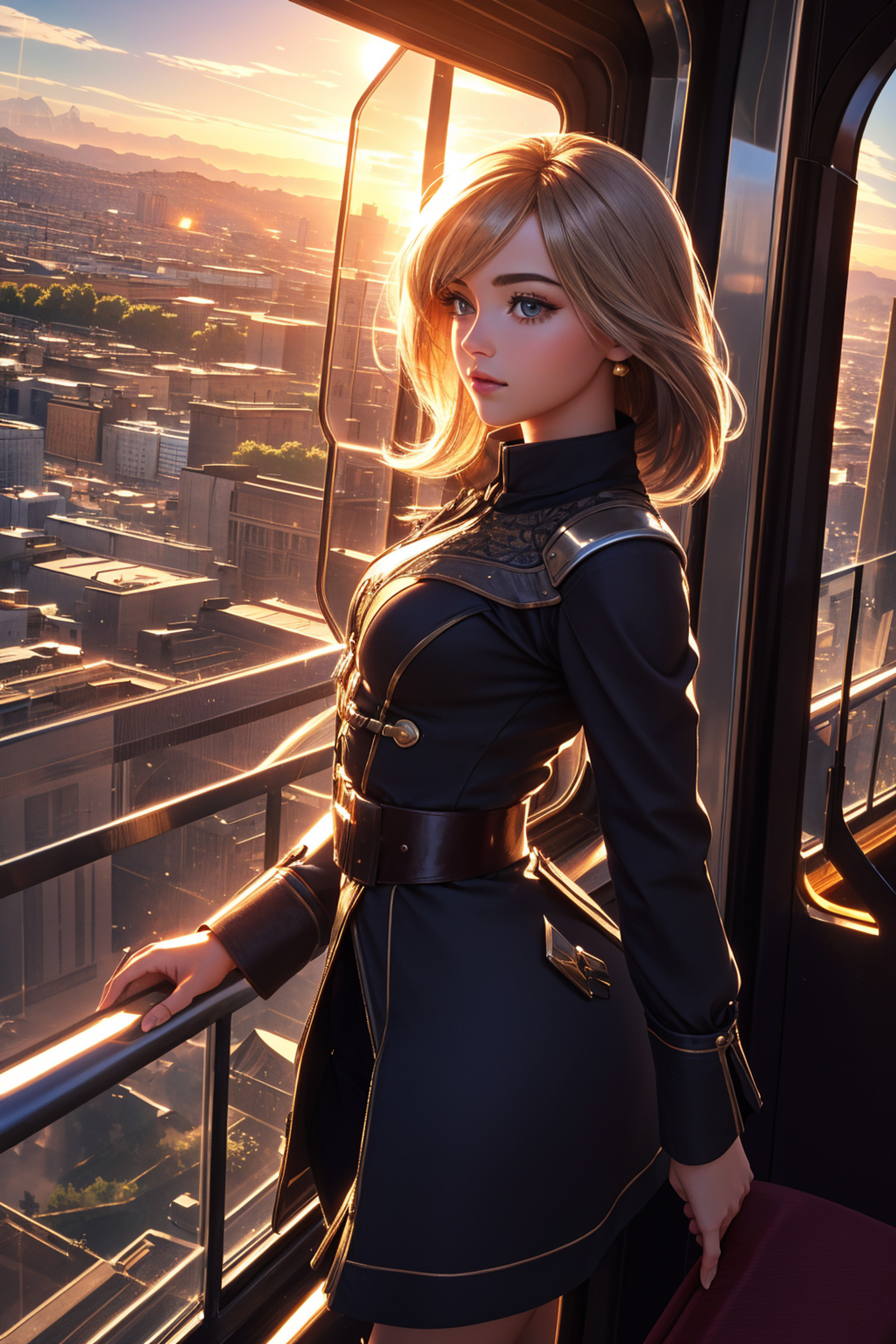 1girl, <lora:Yuan_Project:0.8>, intricate details, landscape of a (Birmingham:1.2) from inside of a Eiffel Tower, mountains, at Sunrise, designed by Pendleton Ward, fractal