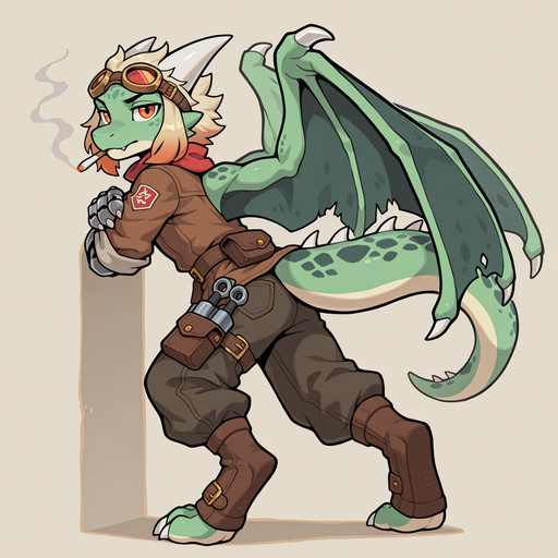 b_k_c, (kobold), white horns, furry male, older male, muscular, Chimi(primary), Azoomer, 1male, solo, short hair, orange eyes, tail, fangs, cutie fangs, white claws, white spikes, white spines, white fur, dark green fur,, two-tone fur, 4 fingers, 3 toes, spotted body,  smoking weed  stoic,  serious  looking, dragon wings, furgonamics, medium hair, hair on head,  white membrane of wings, bored looking  orange to blonde gradient hair

BREAK 

adventurer outfit, goggles, eyewear on head, gold trimmed goggles covering eyes, red lens, brown leather coat, white undershirt,  long red scarf, free flowing scarf at the back, toeless leather boots, metal prosthetic arm, haram pants, pattern inseam of  pants, carrying toolkit belt,
BREAK
waspsalad
dynamic pose, back against the wall, looking  at viewer,  arms crossed,