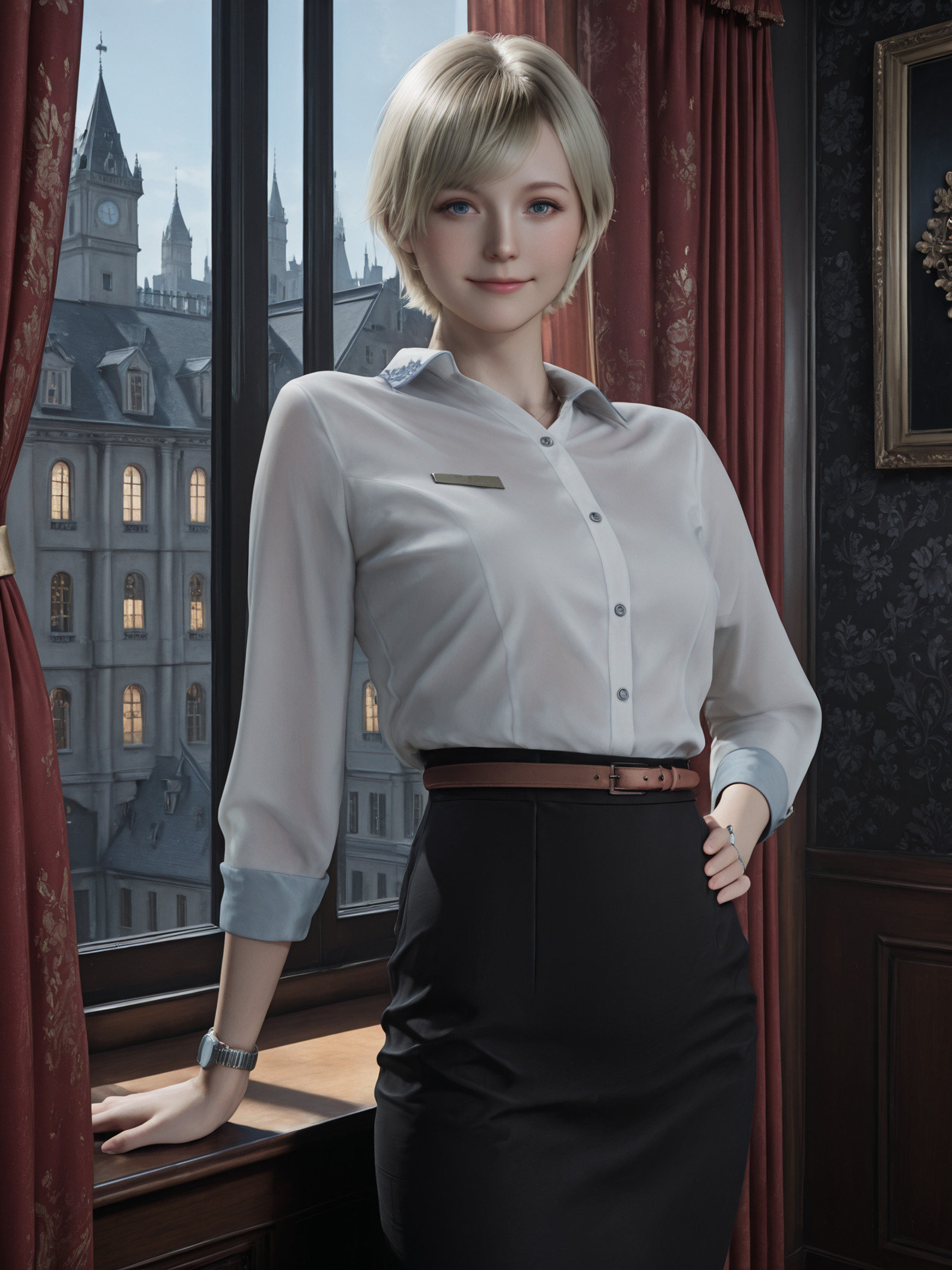 <lora:Sherry_Birkin_BH9_0R:1>, sherrybirkin,
blue eyes, blonde hair, short hair, swept bangs,
white shirt, wristwatch, brown belt, black pencil skirt, black pantyhose,
masterpiece, best quality, amazing quality, 8k, absurdres, detailed background, volumetric lighting, ray-tracing, 3d, realistic, photorealistic, detailed eyes, detailed skin, skin pores,
realistic proportions, normal human proportions, anatomically correct proportions, (small head:1.2), properly sized head, head size proportional to body, balanced head-to-body ratio,
solo, 1girl, looking at viewer, cowboy shot, dynamic pose, smile, standing, contrapposto,
(indoors, new york, european decorations, city, mansion, luxurious mansion, intricate wallpaper, decorated curtains, window, building, backlighting)