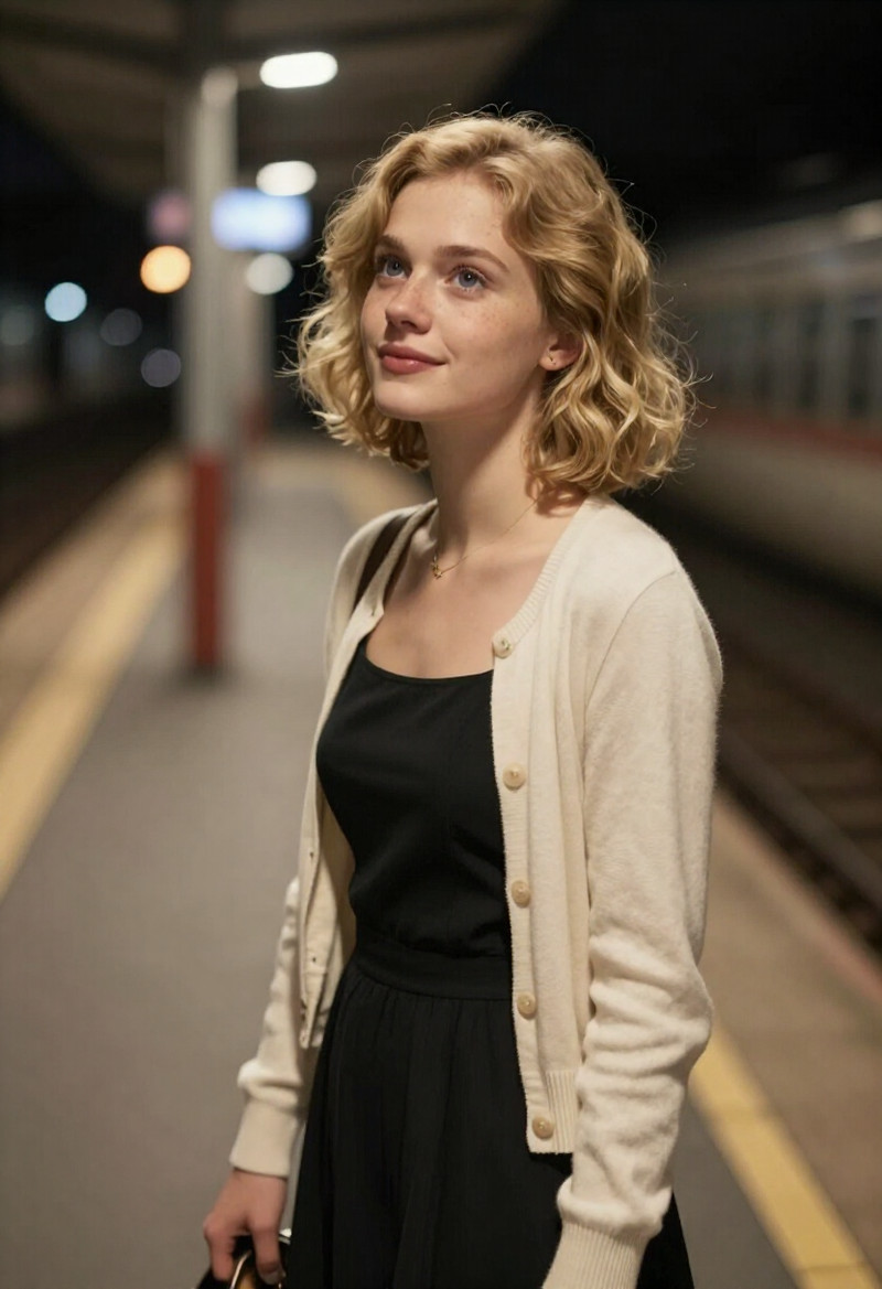 young adult European woman, short softly curled blonde bob framing her face, expressive blue eyes, heart-shape