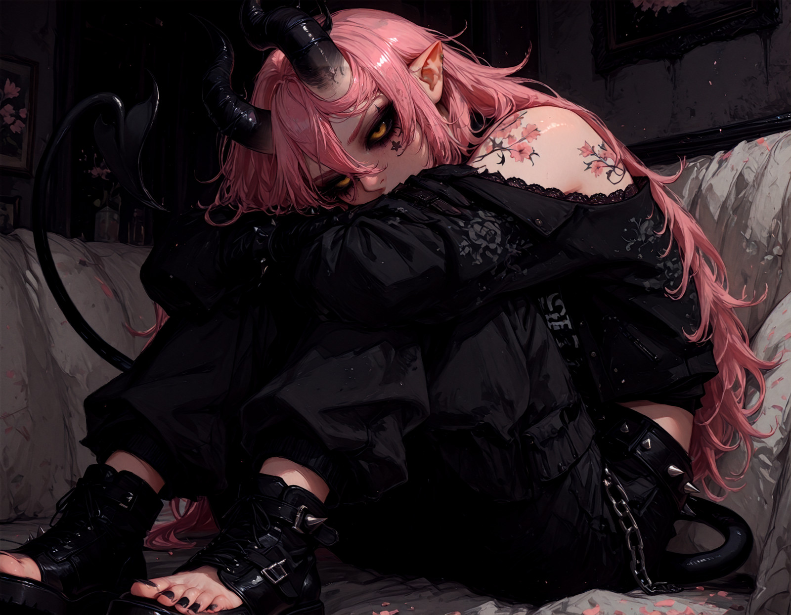 masterpiece, best quality, amazing quality, very aesthetic, high resolution, ultra-detailed, absurdres, newest, 1girl, solo, <lora:PickleVT_Illustrious:.7> PickleVT, pointy ears, demon horns, demon tail, hair between eyes, long hair, pink hair, dark sclera, yellow iris, black sclera, painted toenails, dark pupil, black hands,cherry blossom tattoo on shoulder, cherry blossom tattoo forearm, lace doily headpiece, flared cuff poet shirt, spiked belt cargo pants, embroidered kimono jacket, punk creeper shoes, brocade elbow-length gloves, , hugging self comfortingly, <lora:Luxidoro_Style_PonyXL:1>