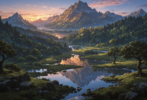0r1_style, scenery, masterpiece, best quality, highly detailed, sharp focus, scenic landscape, clear lake, forest, dramatic golden hour sunset lighting, misty atmosphere, wide angle cinematic composition, vibrant colors, intricate details