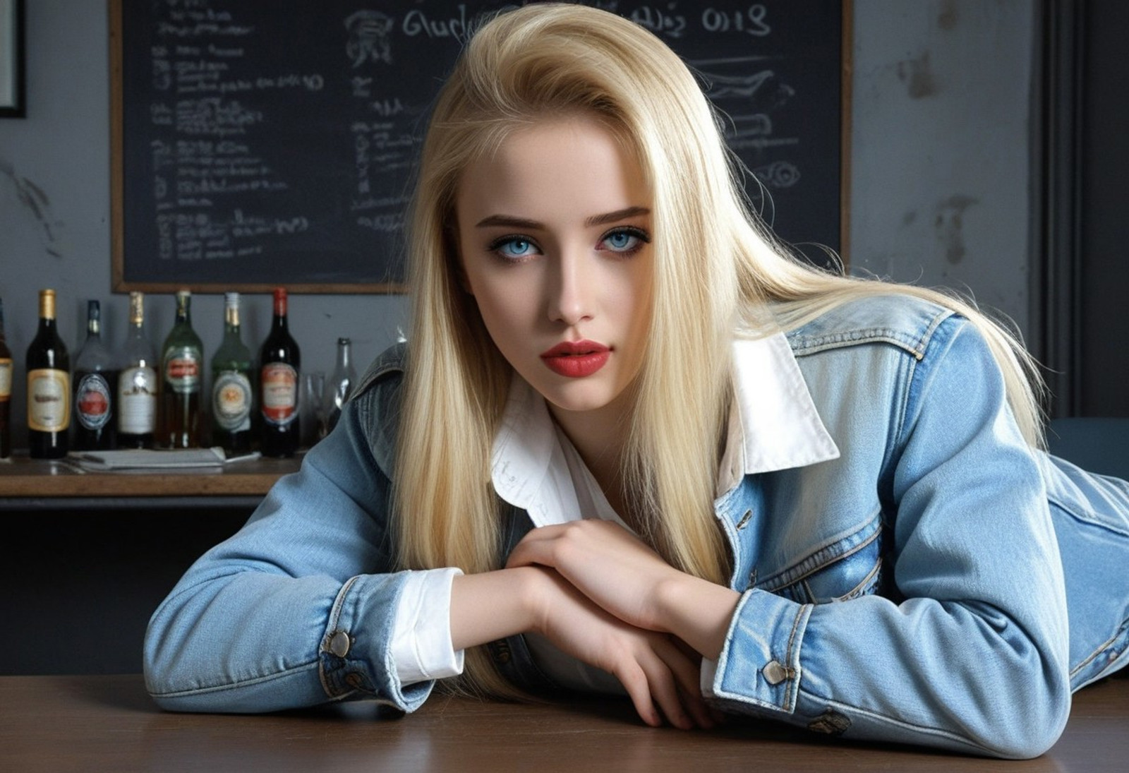 24yo busty beauty girl wendy laying seductive on desk, wearing denim jacket, shirt and pants, adorable face, long blonde hair, perfect proportions