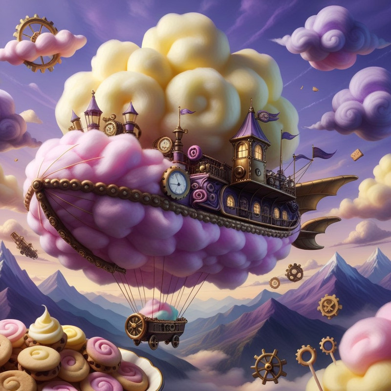 <lora:CottonCandyStyleSDXL:1>CottonCandyStyle steampunk airship, gasbag made of giant puffy pink cotton candy,