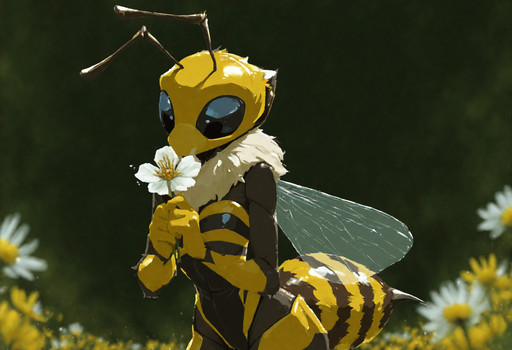 masterpiece, best quality, highly detailed, sharp focus, addmicrodetails, anthro, bee, insectoid, 1girl, (anthro bee), bee antenna, bee wings, solo, bee head, bee body, no clothes, black insect eyes, antennae, h4zb1n, ottomi, solo, cowboy shot, holding flower in hands, blurry background, blurry foreground, no hair, looking down