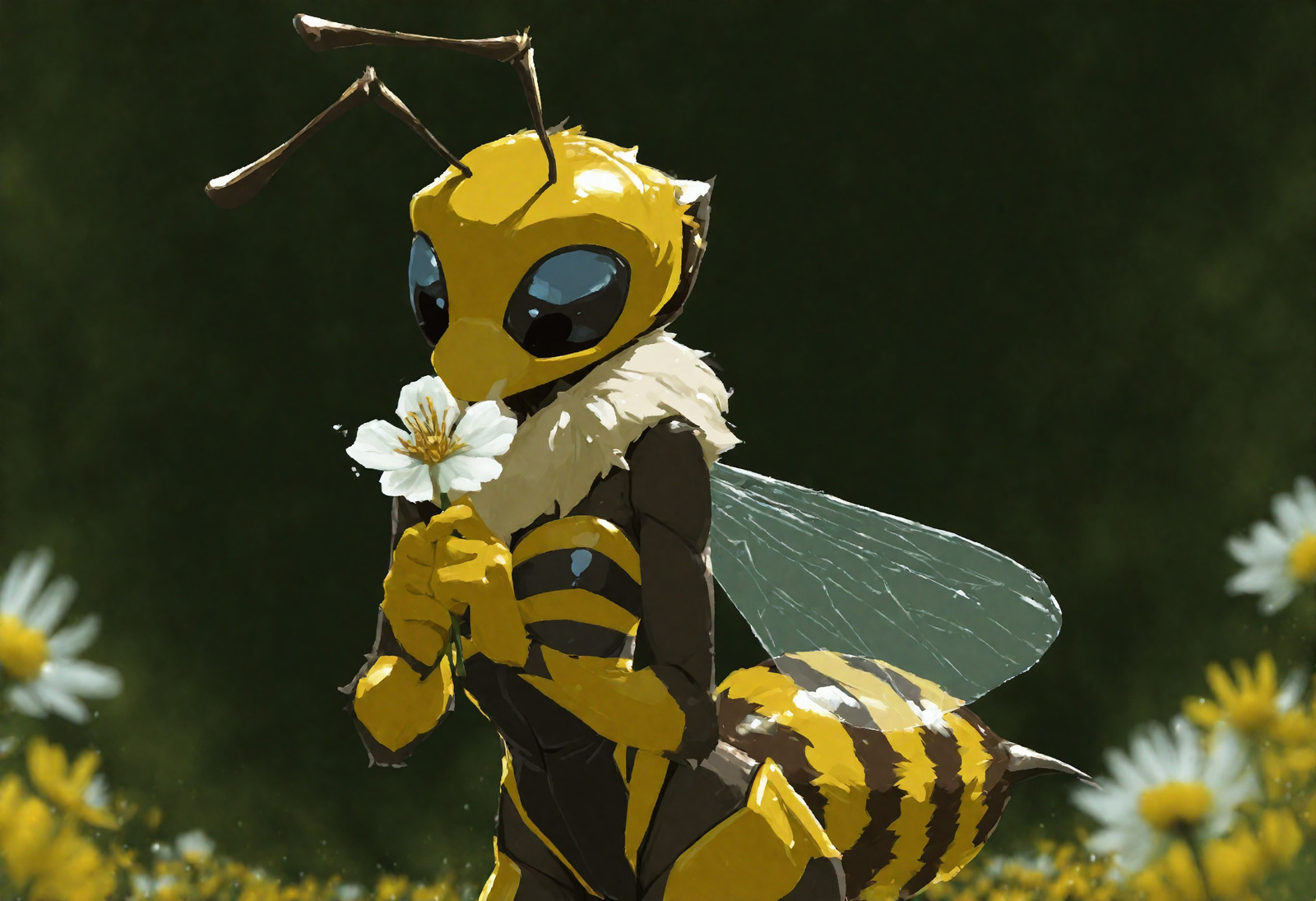 masterpiece, best quality, highly detailed, sharp focus, addmicrodetails, anthro, bee, insectoid, 1girl, (anthro bee), bee antenna, bee wings, solo, bee head, bee body, no clothes, black insect eyes, antennae, h4zb1n, ottomi, solo, cowboy shot, holding flower in hands, blurry background, blurry foreground, no hair, looking down