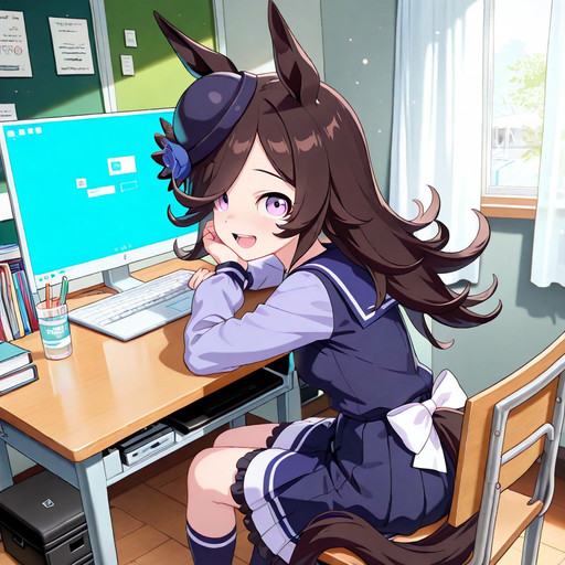 masterpiece, best quality, amazing quality, 4k, very aesthetic, high resolution, 
rice shower \(umamusume\), 1girl, animal ears, horse girl, horse tail, smiling gently, looking at viewer, open mouth, happy face, sitting down on a chair, computer on table, study table, classroom
