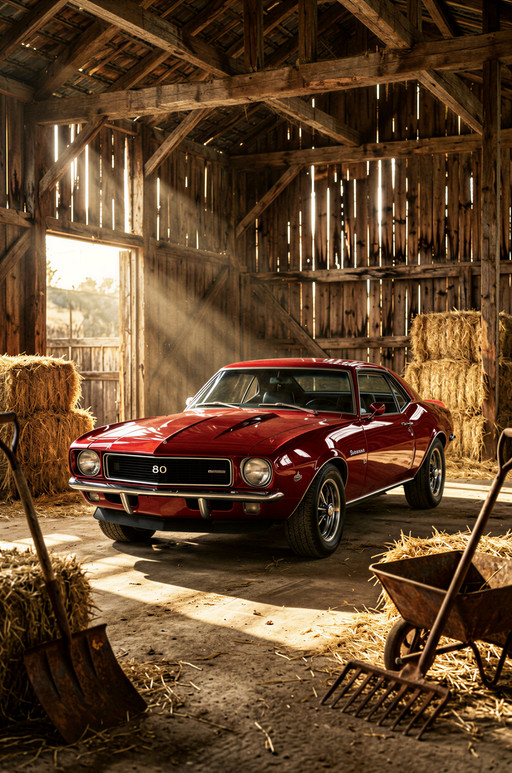 Subject: A meticulously restored, cherry-red 1969 Chevrolet Camaro SS, presented in flawless, showroom condition, parked centrally within a rustic, wooden barn. The car is the primary focal point, highly polished, contrasting sharply with its surroundings.
Style: Hyper-realistic cinematic photograph, evoking the golden age of Americana and industrial Americana decay. The image should possess the visual weight and depth of a high-end editorial automotive magazine spread, focusing on texture and light interaction.
Composition: Medium full shot, positioned slightly low to the ground (worm's eye perspective) to emphasize the Camaro's muscular stance and the height of the barn structure. The car should be slightly off-center (Rule of Thirds), allowing the foreground tools and background haystack to frame it naturally.
Lighting: Dramatic directional sunlight streaming in through large, weathered gaps in the barn siding (raking light). This creates deep, hard shadows under the vehicle and tools, intensely highlighting the metallic sheen of the car's paint and the dusty texture of the wood and hay. High contrast ratio.
Color Palette: Earthy tones dominateâweathered browns, dusty ochres, deep sepia woods, and faded straw yellowsâpunctuated dramatically by the vibrant, deep cherry red of the Camaro. Highlights should be warm and golden.
Mood / Atmosphere: Nostalgic, powerful, and cinematic. There is a palpable sense of history and preserved grandeur, juxtaposing the machine's modern perfection against the passage of time represented by the dilapidated farm setting.
Technical Details: Captured with a professional full-frame DSLR (e.g., Sony a7R V), using a 50mm prime lens at an aperture of f/5.6 to achieve a moderate depth of field. ISO set to 200 to minimize grain, with a shutter speed of 1/100th of a second, ensuring crisp detail in the foreground and background.
Additional Elements: The foreground must include scattered, heavily textured elements: rusted hand tools (pitchforks, old wheelbarrows, rakes), stacked, dry, brittle hay bales, and visible dust motes floating in the shafts of sunlight. The barn structure should reveal rough-hewn timber beams and dusty concrete floors, adding significant textural contrast to the flawless paintwork.