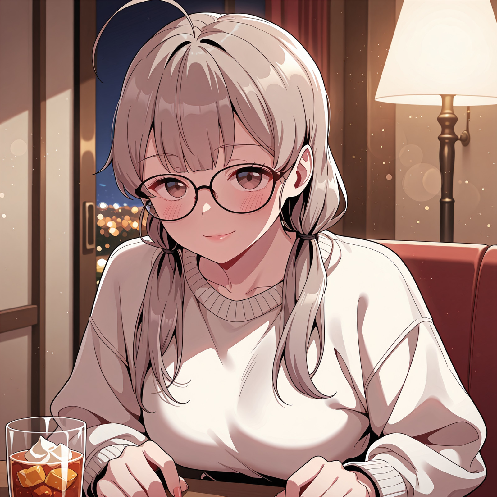 (very aesthetic),(absurdres:1.2),masterpiece,high score,amazing quality,(best quality),(ultra-detailed:1.4),(extremely detailed CG:1.2),(8k resolution:1.2),(perfect anatomy:1.3),(intricate details:1.2),ray tracing,global illumination,sharp focus,vibrant colors,anime coloring,bokeh,cinematic lighting,beatiful face,1girl,solo,PANSiHYUN,<lora:training_10052157-20260401031614149:1>,long hair,glass,sweater,glasses,low twintails,seductive_smile,