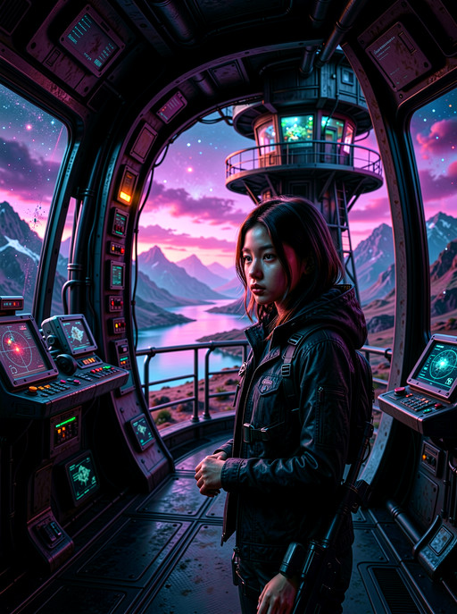 Masterpiece, best quality, good quality, very aesthetic, absurdres, newest, 8K, depth of field, focused subject, girl, inside control tower, over watch tower, on a planet. eerie color palette, mountain and a lake in the background. <lora:YFG-ChatGPT-4o-Style-F2_Klein-3kv1:0.5> <lora:YFG-Obs-Flux2-Klein9b_3k-v1:0.5>