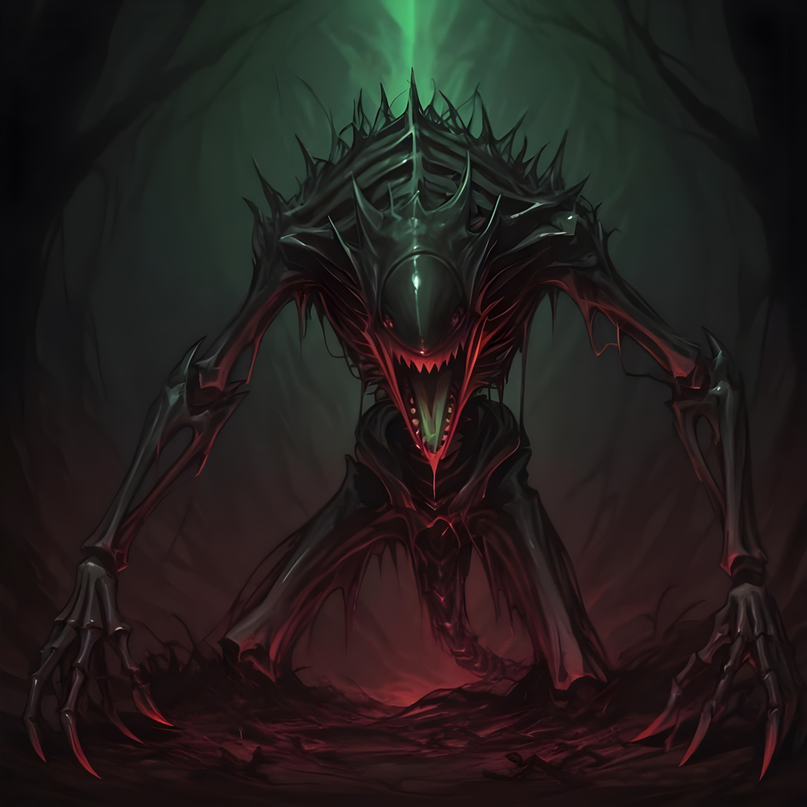 A menacing skeletal monster crouching in a shadowy forest, elongated limbs with razor-sharp claws, gaping toothy mouth, dripping tongue, eerie green mist, cinematic lighting, detailed bone textures, dark fantasy horror atmosphere, ultra-detailed, dramatic composition, volumetric fog, art inspired by Zdzisław Beksiński and H.R. Giger