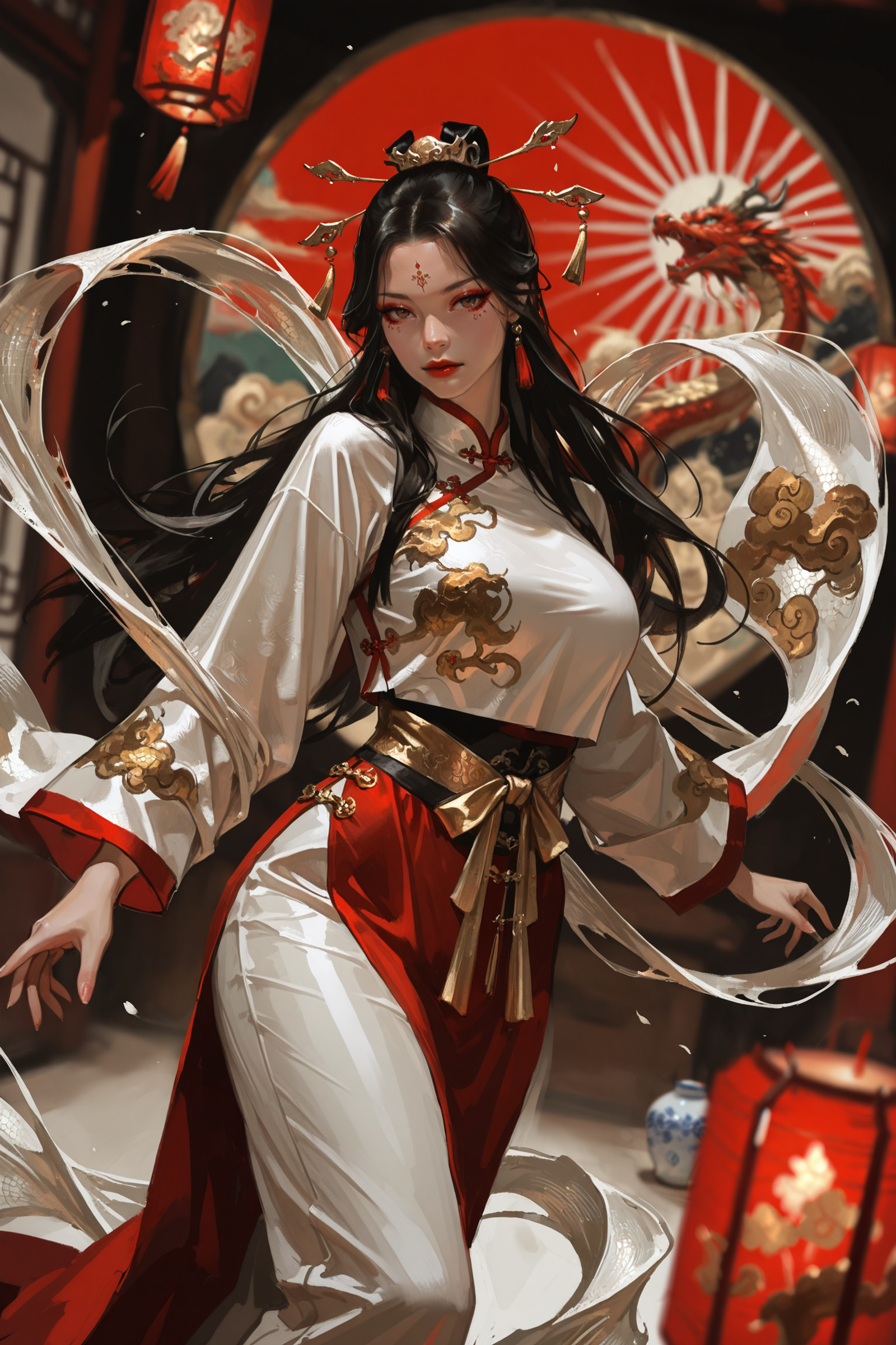 chinese woman, long dark hair, traditional silk qipao with high slit, red and gold embroidered motifs, porcelain skin, sensual expression, almond eyes, graceful posture, dragon motifs swirling around, auspicious clouds, imperial elegance, flirtatious gaze, mystical aura, silk ribbons, red lanterns in background, rising sun, delicate makeup, proud stance, celestial atmosphere, fusion of ancient and modern China, commanding presence, divine femininity
 masterwork, masterpiece, best quality, detailed, depth of field, , high detail, best quality, very aesthetic, 8k, dynamic pose, depth of field, dynamic angle, adult, aged up