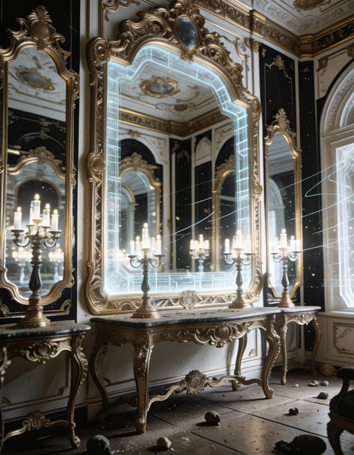ultra-detailed rococo sanctuary, post-human future,human remnants, oversized gilded frames encasing holographic voids, 
fractal moldings in black gold and translucent ivory, 
mirrors reflecting adjacent dimensions, 
bioluminescent candelabras, warped proportions, uncanny symmetry, 
dust of centuries on baroque furniture, floating data streams 
woven into ornamental plasterwork, eerie reverence atmosphere, 
cinematic lighting, depth of field
ultra-detailed rococo s4nctu4ry  <lora:training_1715964-20260301163514302:1>, Masterpiece,best quality,hi res,8k,(sharp focus, intricate, highly detailed),