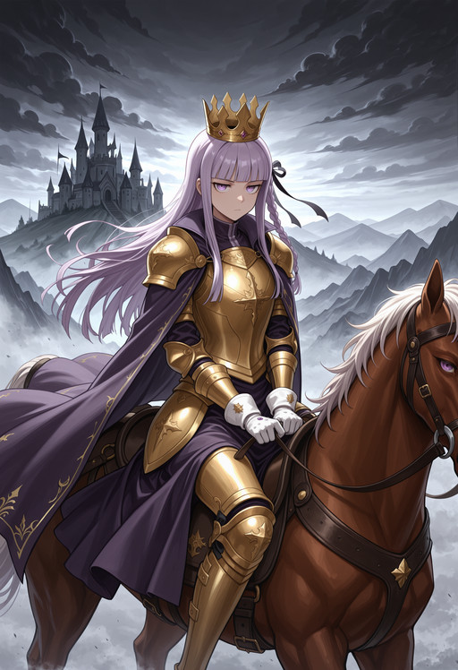 masterpiece, best quality, highres, absurdres, very awa, 1girl, solo, ky0kodef, long hair, purple hair, blunt bangs, single braid, side braid, hair ribbon, black ribbon, king, crown, (gold), armor, white gloves, cape, outdoors, fantasy, wind, horseback riding, riding, horse, reins, holding reins, saddle, feet out of frame, purple eyes, castle, dark clouds, fog, looking at viewer, hand between legs, bored, jitome, closed mouth, horizon, mountain