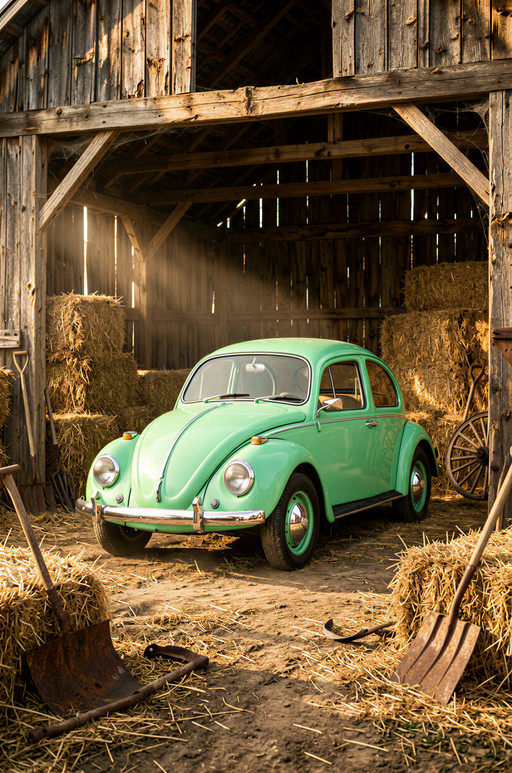 Subject: A flawlessly restored, vintage Volkswagen Beetle, painted a pristine mint green, positioned centrally within a rustic, massive timber-frame barn. The car must appear immaculate, catching the light on its highly polished chrome accents and glossy paintwork.
Style: Hyper-realistic architectural photography combined with classic Americana automotive portraiture. The image must possess the deep saturation and fine grain quality of large-format film photography, emphasizing textural contrast between polished metal and weathered wood.
Composition: Low-angle, slightly Dutch-tilted three-quarter shot, placing the Beetle prominently in the mid-ground. The composition should utilize leading lines created by the barn's wooden support beams and the arrangement of stacked hay bales, drawing the viewer's eye directly to the vehicle. Foreground elements, like scattered hay and tools, should frame the lower corners, providing context and depth.
Lighting: Dramatic, golden hour directional lighting. A strong, soft directional shaft of sunlight must penetrate the dusty gaps between the barn timbers, raking across the car's curved surfaces to emphasize every minute curve and imperfection of the surrounding wood. Deep, pronounced shadows should fall within the recesses of the tools and the folds of the hay, creating high contrast and dimensionality.
Color Palette: Earth tones dominate the environmentâdeep siennas, dusty ochres, weathered browns, and muted greys from the aged wood and hay. This warm, desaturated palette must be dramatically contrasted by the bright, vibrant, saturated mint green of the Beetle, making it pop vividly against the rustic backdrop.
Mood / Atmosphere: Nostalgic, serene, and timeless. The scene conveys a sense of preserved history and pastoral tranquility. The atmosphere should be thick with the scent of dry hay and old wood, evoking a quiet moment suspended in time.
Technical Details: Captured with a professional medium format camera (Hasselblad H6D), using a 35mm lens to provide a natural, slightly wide perspective. Aperture set at f/8 to maintain sharp focus across the car and the immediate foreground while allowing the distant barn structure to retain subtle, beautiful bokeh. ISO set to 100, suggesting low-light perfection and minimal noise.
Additional Elements: Surrounding the Beetle are an assortment of antique, well-used farm implementsâa rusty plowshare, a sickle, an old wooden wagon wheel, and pitchforksâscattered casually amongst large, densely packed, sun-bleached haystacks. The ground beneath the vehicle and tools is composed of dry dirt, scattered straw, and fine dust, adding tactile realism. The barn structure itself must show signs of age: splintered wood, visible grain, and cobwebs in the deep shadows.