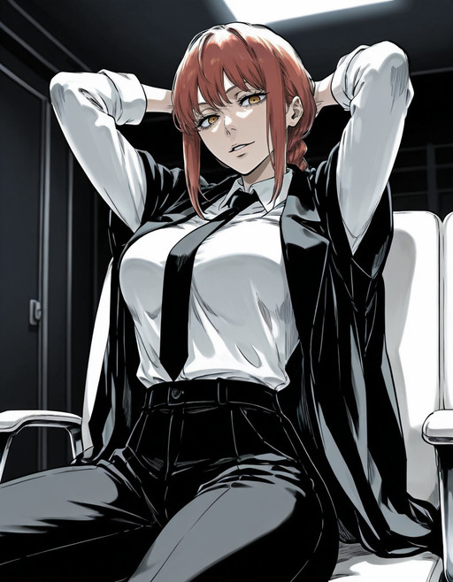Masterpiece, ultra quality, best image details, Makima from chainsaw man, red hair, ringed yellow eyes, solo, dominant woman, buisness suit, dark theme, hends behind head, hands up, white shirt, black coat, sit on coach,  <lora:BleachStyleSDXL:1> KuboTite