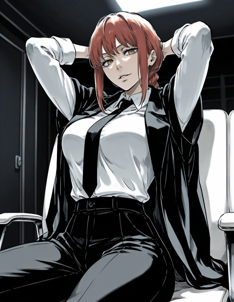 Masterpiece, ultra quality, best image details, Makima from chainsaw man, red hair, ringed yellow eyes, solo,