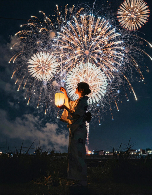 A cinematic night scene capturing a young woman in traditional Japanese attire standing in a field, watching a spectacular fireworks display in the sky. The composition is backlit, rendering the woman mostly in silhouette while emphasizing the brilliant explosions behind her.

The woman stands slightly off-center, holding a small glowing lantern in one hand. The lantern emits a soft warm yellow light, illuminating part of her hand and sleeve. She wears a traditional yukata with subtle patterns, and her hair is styled neatly, possibly tied back or in a simple traditional arrangement.

Her posture is calm and upright, facing the fireworks, with her head slightly tilted upward. Her silhouette is elegant and clearly defined against the bright bursts of light.

The background sky is filled with multiple layers of fireworks exploding in different sizes and stages. Large central bursts radiate outward in symmetrical patterns, with fine streaks of light extending like spokes. Smaller fireworks bloom around them, creating depth and layering. Trails of sparks arc downward, leaving glowing paths.

The foreground includes silhouettes of grass and plants, adding depth and framing. Thin utility wires may faintly cross the scene, adding a subtle urban touch without distraction.

Lighting is dramatic and high contrast: bright, colorful fireworks (gold, white, orange, hints of blue) against a deep dark blue night sky. The lantern adds a secondary warm light source, balancing the composition.

The color palette is rich and vibrant, with strong warm highlights from fireworks contrasted against cool dark tones. The scene feels festive, nostalgic, and cinematic.pure immersive visual storytelling.

Shot with a telephoto lens, shallow depth of field, long exposure feel for fireworks trails, ultra-detailed sparks, cinematic lighting, high contrast, HDR rendering, film still aesthetic, ultra high resolution.