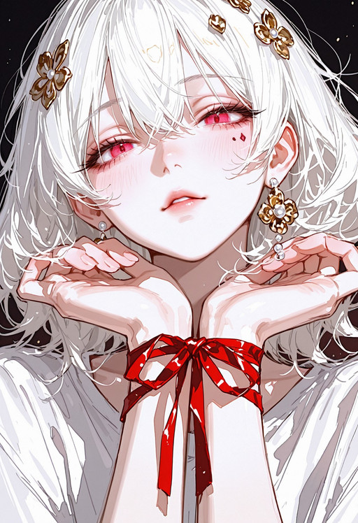masterpiece, best quality, ultra-detailed, 8k resolution, ma1ma1helmes_b_illu,sketch, XUER guangying, high dynamic range, absurdres, stunningly beautiful, intricate details, sharp focus, surreal profile, cinematic color grading, high-resolution texture, realistic, adult woman, solo, newest, 32k skin texture, beautiful skin, looking at the viewer, 1girl, solo, close-up,
long white hair, slightly messy hair,
soft red eyes, half-lidded eyes,
glossy lips, small beauty mark under eye,
flushed cheeks, dewy skin,
White T-shirts,
delicate ribbon details,
pearl earrings,
Red floral hair accessory, gold inner floral,
resting head on folded arms,
intimate pose, gentle gaze,
warm low light,
soft shadows,
romantic atmosphere,
masterpiece, best quality
