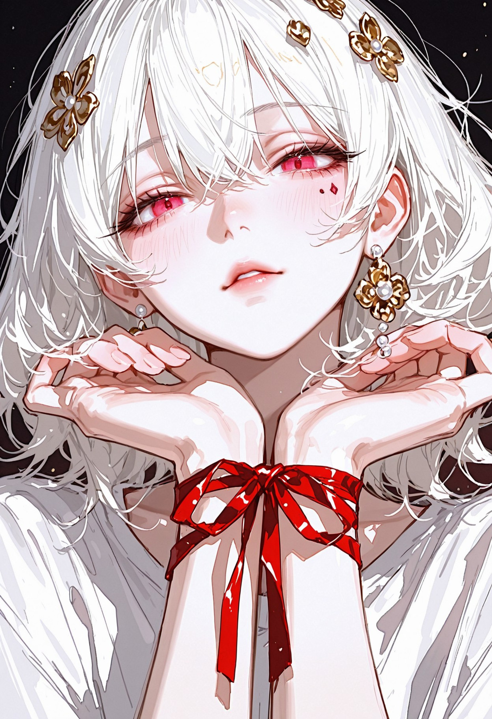 masterpiece, best quality, ultra-detailed, 8k resolution, ma1ma1helmes_b_illu,sketch, XUER guangying, high dynamic range, absurdres, stunningly beautiful, intricate details, sharp focus, surreal profile, cinematic color grading, high-resolution texture, realistic, adult woman, solo, newest, 32k skin texture, beautiful skin, looking at the viewer, 1girl, solo, close-up,
long white hair, slightly messy hair,
soft red eyes, half-lidded eyes,
glossy lips, small beauty mark under eye,
flushed cheeks, dewy skin,
White T-shirts,
delicate ribbon details,
pearl earrings,
Red floral hair accessory, gold inner floral,
resting head on folded arms,
intimate pose, gentle gaze,
warm low light,
soft shadows,
romantic atmosphere,
masterpiece, best quality
