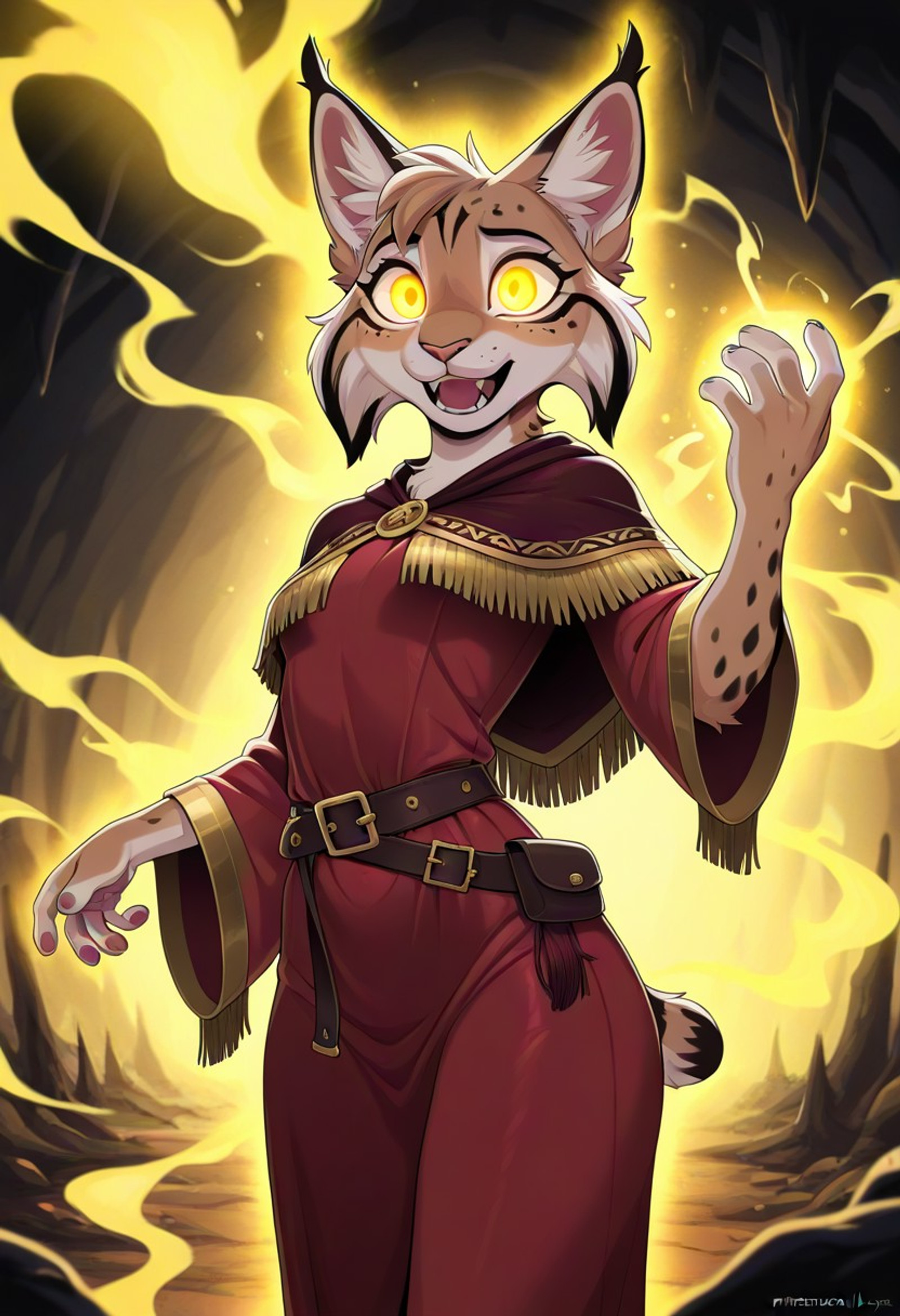 masterpiece, best quality, amazing quality, 1girl, furry, lynx, golden eyes, cats eyes, short hair, fringe, slim body, small bust, red dress, leather belt, red robe, gold trim, caplet, dark cave, yellow aura, glowing eyes, casting spell, open mouth