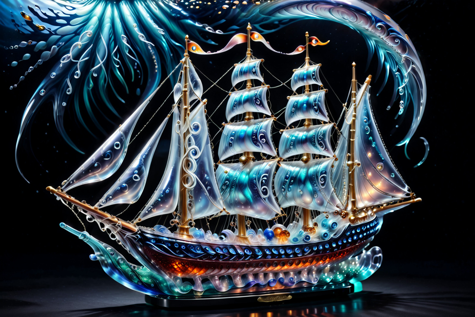 Imagine a humorous, artful Murano glass tableau capturing a grand Venetian sailing ship in a slightly undignified encounter with an overly theatrical octopus.

The ship is a miniature 17th-century galleon, its hull blown in deep ruby glass layered with threads of molten gold leaf that shimmer like sunset over the lagoon. Delicate filigree lines in ivory and cobalt trace the planks, while its billowing sails are formed from translucent milky opaline glass, faintly iridescent as if still catching a sea breeze. The masts are impossibly slender crystal rods, topped with tiny fluttering pennants in emerald and amber.

Emerging from a swirling base of sapphire and aquamarine glass waves, the octopus is less fearsome conqueror and more flamboyant lagoon diva. Its body glows in coral and rose tones flecked with aventurine sparkle, and its tentacles curl upward in exaggerated baroque spirals — more decorative than destructive. One tentacle gently “inspects” the ship’s bow as if critiquing craftsmanship; another lifts a tiny golden anchor with comic curiosity.

The sea itself is sculpted as a dramatic cresting wave, frozen mid-splash, with clear glass foam bubbling at the edges. Light passing through fractures into dancing prisms, making the ship appear to shimmer bravely while the octopus glows mischievously beneath.

The overall effect is playful rather than perilous — a jewel-bright Murano masterpiece where maritime heroism meets lagoon humor, and centuries of Venetian glass artistry wink knowingly at the viewer.