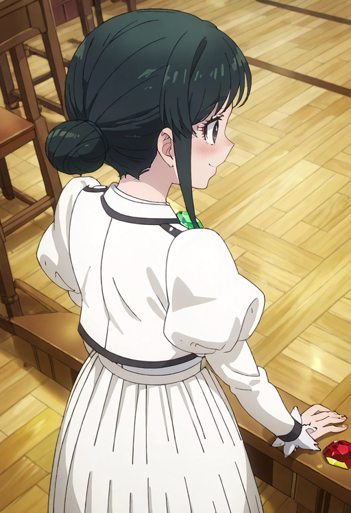    score_9, score_8_up, score_7_up, source_anime, anime_screencap, detailed_face, Smiling shyly, looking away, deep blush, eyebrows furrowed, playful tease, RWLSonoko, black_hair, sidelocks, hair_bun, short_hair, black_eyes, single_hair_bun, swept_bangs,  solo, SonokoSchool, long_sleeves, puffy_sleeves, juliet_sleeves, white_jacket, white_dress, brooch, pleated_dress, jewelry, green_gemstone, cropped_jacket, school_uniform, frills, bolo_tie, gem, center_frills, collared_dress, long_dress, black_pantyhose, black_footwear, shoes,  standing, leaning forward, from behind, high-angle view, <segment:girl's face,0.55,0.2//cid=11> absurdres, masterpiece, detailed face, perfect face, correct face, perfect anatomy, accurate, sharp lines, beautiful, extremely detailed, source_anime, anime screencap, Smiling shyly, looking away, deep blush, eyebrows furrowed, playful tease, RWLSonoko, black_hair, sidelocks, hair_bun, short_hair, black_eyes, single_hair_bun, swept_bangs, 