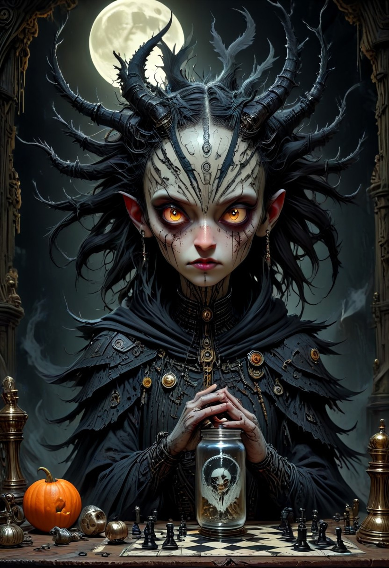 adrr shaman, 
glitch, bonnet, pumpkin, deerstalker, queen knight (chess), Xenomorph, folding hand fan, jar, dual persona, train, fairy, squatting, torn pants, drinking glass, feathered wings, cape, extra ears, feathers, full moon, minigirl
.
dystopian style, bleak, post-apocalyptic, somber, dramatic,
very aesthetic, vivid, vibrant, volumetric lighting, 
masterpiece, best quality, octane render, highly detailed, ultra-detailed, absurdres,
grimmsfantasy