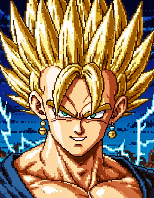 <lora:DragonBall_Hyper_Dimension_Style:0.7> dbhd, pixl4rt, portrait
 solo, dragon_ball,vegitogt, 1boy, solo, male focus, spiked hair, muscular, dougi,  electricity, smirk,  super saiyan, super saiyan 1, blonde hair, green eyes, earrings, outside, at night  <lora:Vegito_Dragon_Ball_GT:0.7>