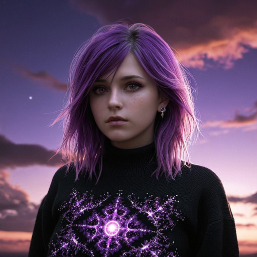 3dmm style,(masterpiece, top quality, best quality, official art, beautiful and aesthetic:1.2), (fractal art:1.3), 1girl, beautiful, high detailed, purple hair with a hint of pink,  dark lighting, serious face, looking the sky, sky, medium shot, black sweater, jewelry