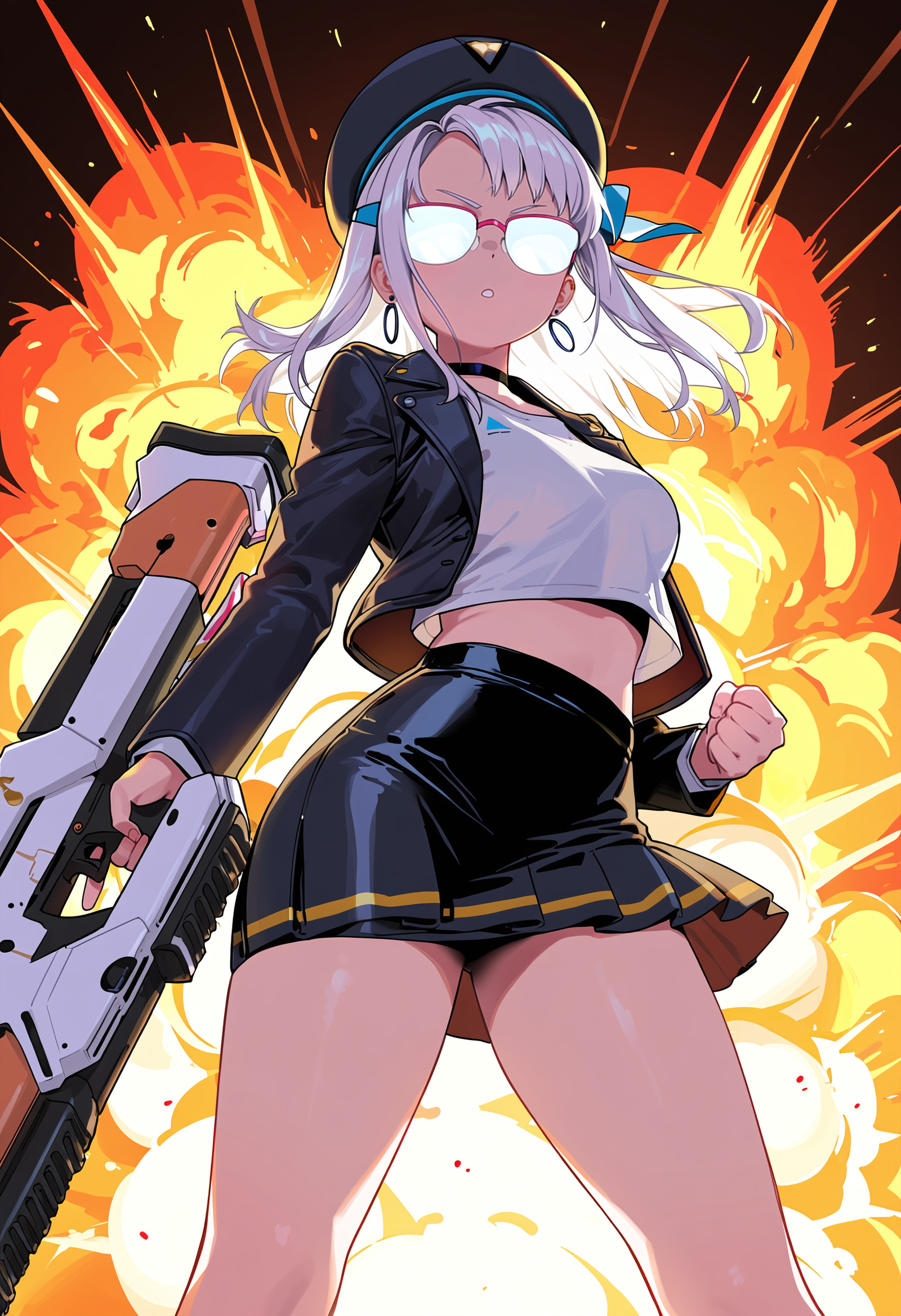 goddess of victory: nikke, neon \(nikke\), neon \(vision eye\) \(nikke\), 1girl, black choker, black hat, black jacket, black skirt, choker, clenched hand, earrings, explosion, explosion background, glasses, gun, hat, holding, holding gun, holding weapon, huge weapon, jacket, jewelry, long hair, long sleeves, midriff, official alternate costume, opaque glasses, shirt, skirt, solo, weapon, white hair, white shirt, dynamic pose, dynamic composition, masterpiece, highres, absurdres, newest, best quality, score_7goddess of victory: nikke, neon \(nikke\), neon \(vision eye\) \(nikke\), 1girl, black choker, black hat, black jacket, black skirt, choker, clenched hand, earrings, explosion, explosion background, glasses, gun, hat, holding, holding gun, holding weapon, huge weapon, jacket, jewelry, long hair, long sleeves, midriff, official alternate costume, opaque glasses, shirt, skirt, solo, weapon, white hair, white shirt