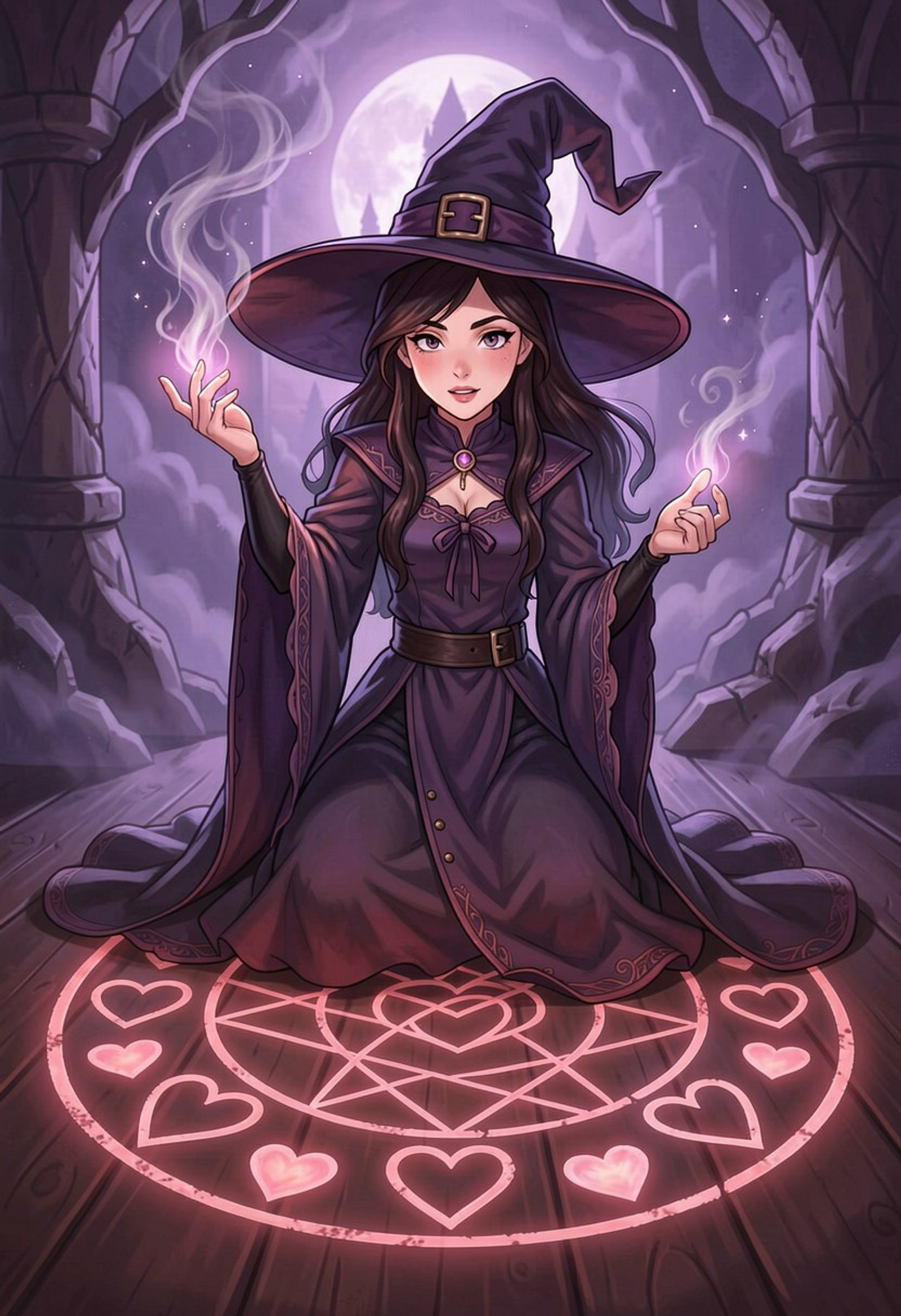 A twenty something female witch is casting a love spell.

A ritual circle with hearts inscribed in it is on the floor.

She has a witch hat. Purple Atmosphere.