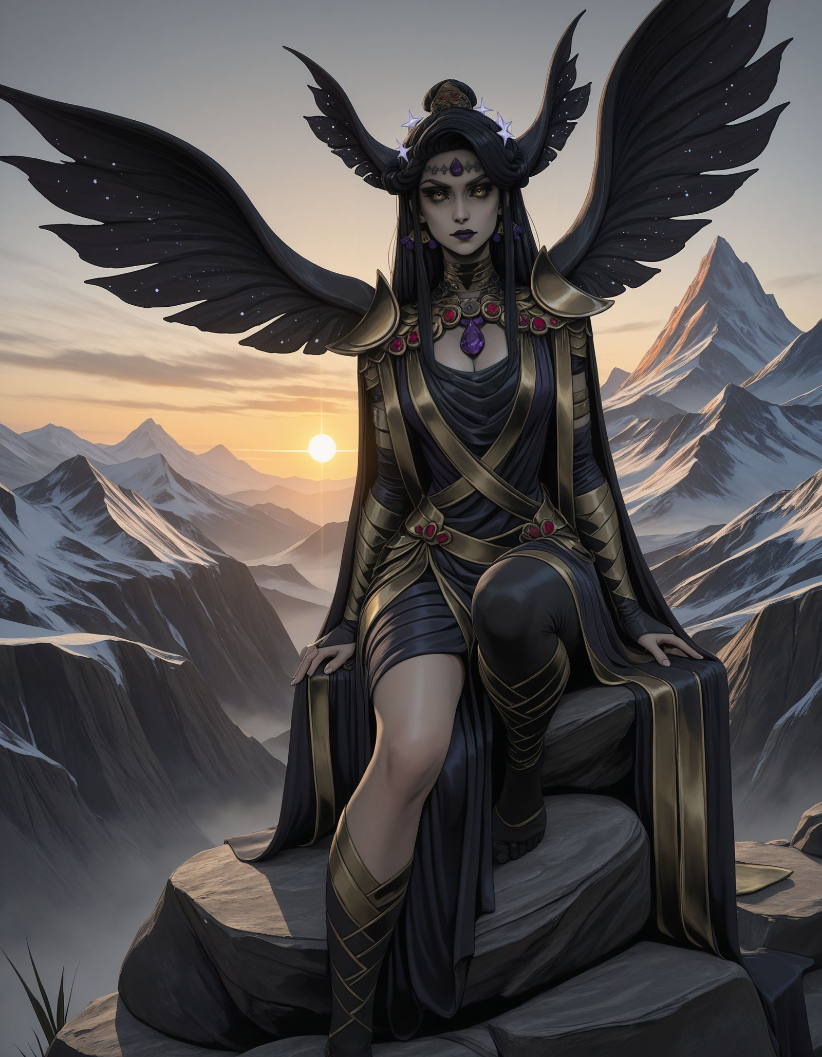 Masterpiece, Best quality, Backlights, ultra-detailed quality, dynamic composition, natural lighting, solo,
<lora:HNyx:1.0>
HNyx, long hair, yellow eyes, 
looking at viewer,
sitting on rock, one leg bent, mountains in background, sunrise, misty atmosphere