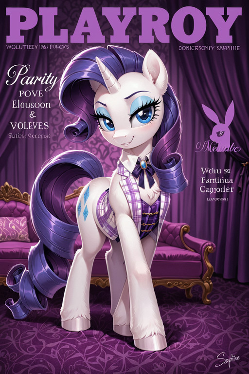 (masterpiece, best quality, amazing quality, very aesthetic, absurdres, newest),
(Rarity:1.4), My Little Pony, unicorn pony, non-anthro, elegant white coat, luxurious curled purple mane, extra long curled tail, sapphire blue eyes, glamorous eyelashes, refined feminine expression, glossy fur, polished hooves,
Playboy magazine cover parody, fashion model photoshoot, center composition, standing pose, looking at viewer, playful confident smirk, classy pinup aesthetic, elegant posture, stylish magazine typography, collector’s edition cover, signature logo, decorative fashion text,
(purple plaid corset vest:1.2), tailored plaid fashion outfit, white collar, gemstone neck ribbon, boutique couture fashion, stylish preppy aesthetic, form-fitting vest, fashionable pony styling,
luxurious purple lounge, silky satin fabric, velvet couch, elegant curtains, soft ambient lighting, boutique dressing room atmosphere, glamorous fashion studio, gemstone decorations, sophisticated background,
soft cinematic lighting, purple ambient glow, rim lighting, volumetric lighting, depth of field, ultra detailed fur texture, detailed mane strands, smooth shading, polished reflections, sharp focus, studio-quality rendering, illustration art style, elegant color harmony,