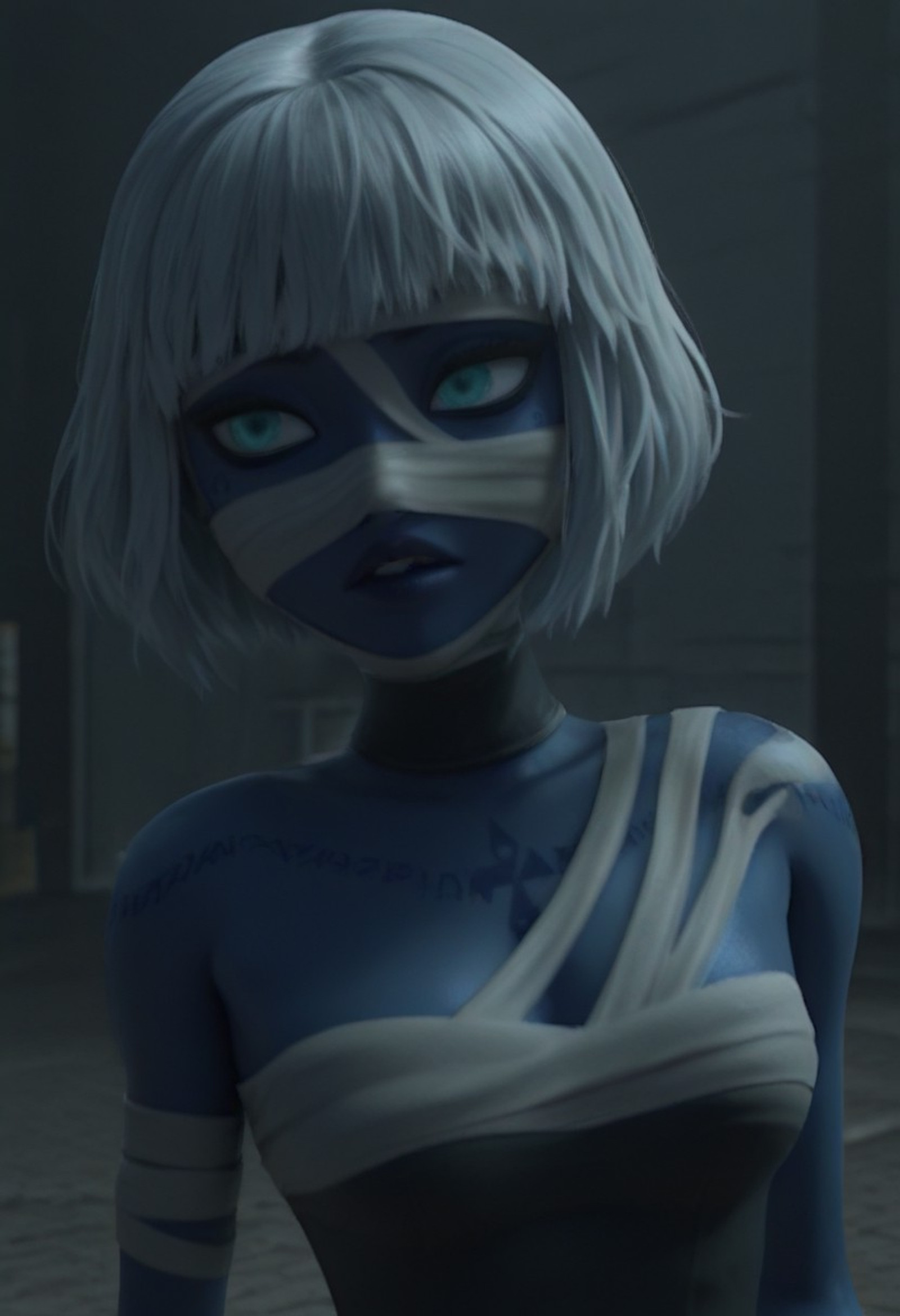 masterpiece, best quality, amazing quality,,, 1girl,mummygirv1, blue skin, blue eyes, tattoo, undead, hair covered with bandages, short hair, white hair, bob cut,dress