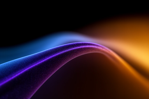Macro, low-angle shot a flowing, abstract composition of light and shadow against a stark black background. The central focus is a prominent, graceful curve that resembles a fold in a luxurious material or a wave of colored gas. The texture along the sharpest edge of this curve shows a fine, grain-like detail, glowing with deep blue and vibrant purple hues. Behind this ridge, a soft, ethereal gradient transitions from a hazy blue into a warm, luminous orange and golden-yellow glow, creating a sense of depth and movement. The lighting is dramatic and localized, emphasizing the sleek contours and rich color transitions. The overall mood is futuristic and serene, defined by smooth lines, high contrast, and a vibrant, warm-to-cool color palette.