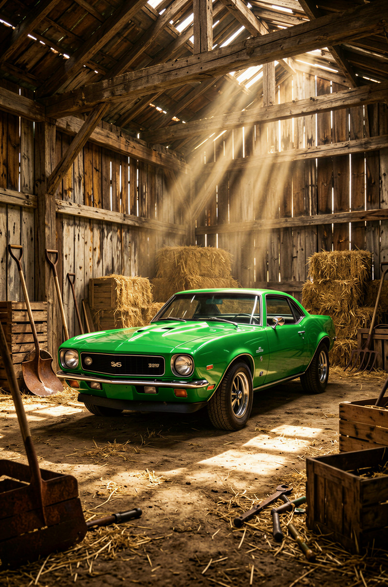 Subject: A meticulously preserved, candy apple green Chevrolet Camaro SS, model year circa 1969, gleaming in m