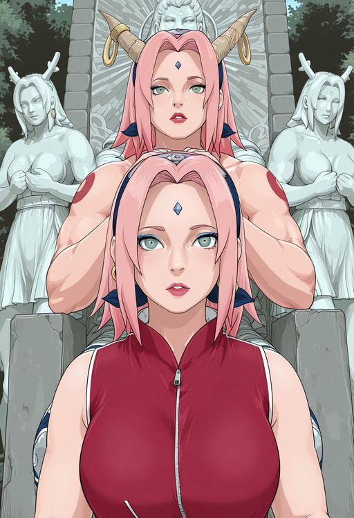 ((1girl)), ((solo)), (adult woman), expressionless, straight-on, looking_at_viewer, a stone statue of (sakura haruno),sakurasdxl,bare shoulders, sleveless top, a stone statue of (((girl))), a stone statue of (Classic Greek Statue), Sakura_Haruno, pink hair, , haruno sakura, green eyes), (angelic), cat earings, ((muscles)), navel, (clear skin), green eyes, big_pupils, eyelashes, long_eyelashes, mascara, eyeshadow, lips, parted_lips, lipstick, pink_lips, red_lips, turtleneck, ((jewelry)), ((earrings)), hoop_earrings, ear_piercing, piercing, horn_ornament, horn_ring, forehead_jewel,  gold, sitting on throne, masterpiece, 8k, absurdres, best quality, amazing quality, sharp focus, tack sharp, crisp edges, high microcontrast, subsurface scattering, made of deep fried & crispy breading, armor, statue , tattoo , upper body armor, 
((muscles)), ((muscular)), ((bodybuilder)), ((shredded)), ((bulky)), ((huge muscles)), ((overly muscular)), ((abs)),((chunky)), ((bulky)), ((big girl)), full body, raikage_art