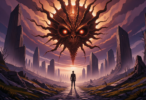 colossal sentient dull copper fog consuming ancient ruins, metallic tendrils emerging from an impossible cosmic intelligence hidden within the haze, ancient stone dissolving into glittering copper dust, glittering under a twilight sky of violet and gold, nature flourishing amid the encroaching horror, beautiful and terrifying, cinematic dark fantasy, ultra detailed, eldritch romanticism, sublime mystery, painterly masterpiece, <lora:cartoon_saloon:.5> In style of Cartoon Saloon, <lora:DullBeatenCopper01_CE_FLUX_AIT:1> dlbtncprCE_style