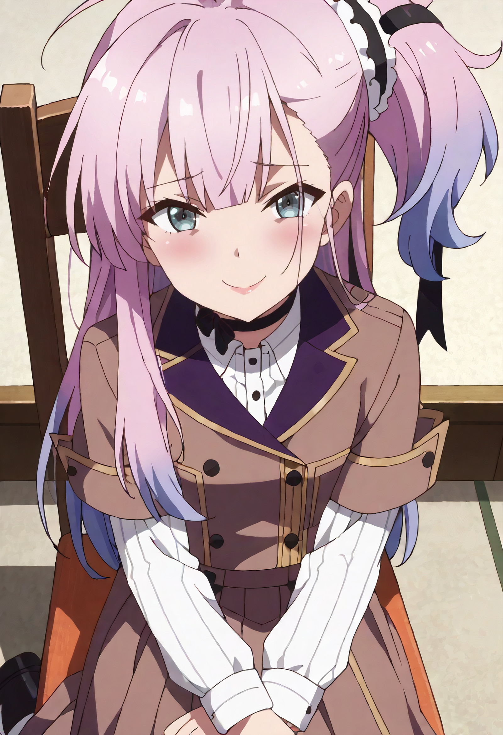    score_9, score_8_up, score_7_up, source_anime, anime_screencap, detailed_face, Full-face blush, nervous smile, eyes darting, embarrassed, lips pressed tightly together, TNMYume, long_hair, purple_hair, hair_ornament, pink_hair, side_ponytail, grey_eyes, one_side_up, multicolored_hair, gradient_hair, ahoge,  solo, YumeSchool, jacket, skirt, ribbon, choker, long_sleeves, shirt, school_uniform, white_shirt, pleated_skirt, black_ribbon, buttons, long_skirt, short_sleeves, hair_ribbon, brown_jacket, shoes, ribbon_choker, layered_sleeves, short_over_long_sleeves, black_footwear, black_choker, brown_skirt,  sitting, on chair, front view, high-angle_view, <segment:girl's face,0.55,0.2//cid=11> absurdres, masterpiece, detailed face, perfect face, correct face, perfect anatomy, accurate, sharp lines, beautiful, extremely detailed, source_anime, anime screencap, Full-face blush, nervous smile, eyes darting, embarrassed, lips pressed tightly together, TNMYume, long_hair, purple_hair, hair_ornament, pink_hair, side_ponytail, grey_eyes, one_side_up, multicolored_hair, gradient_hair, ahoge, 