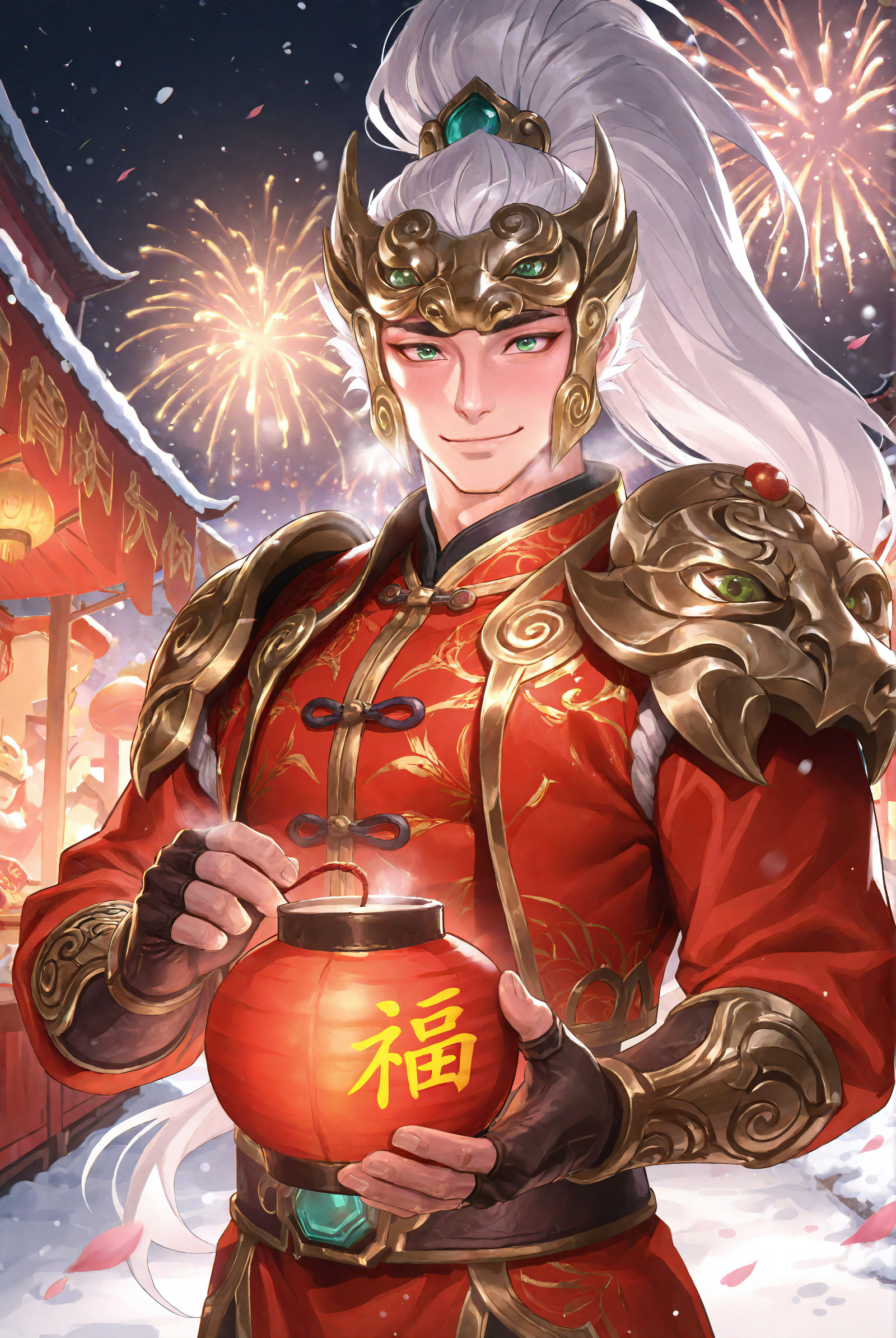 very awe,aesthetically pleasing,masterpiece,best quality,amazing quality,very aesthetic,ultra-detailed,high resolution,8k,1boy,solo,male focus,detailed face,long hair,ponytail,white hair,helmet,chinese clothes,armor,fingerless gloves,gloves,holding lantern,smile,upper body,snow,night,lantern,fireworks,spring festival,petals,looking at viewer,<lora:add-detail-xl:1>,<lora:rokudenashi:0.4>,<lora:MaemukiStyleSDXL:0.5>,itami (maemukina do),<lora:Firecracker xin zhao:0.7>,firecracker xinzha0,
