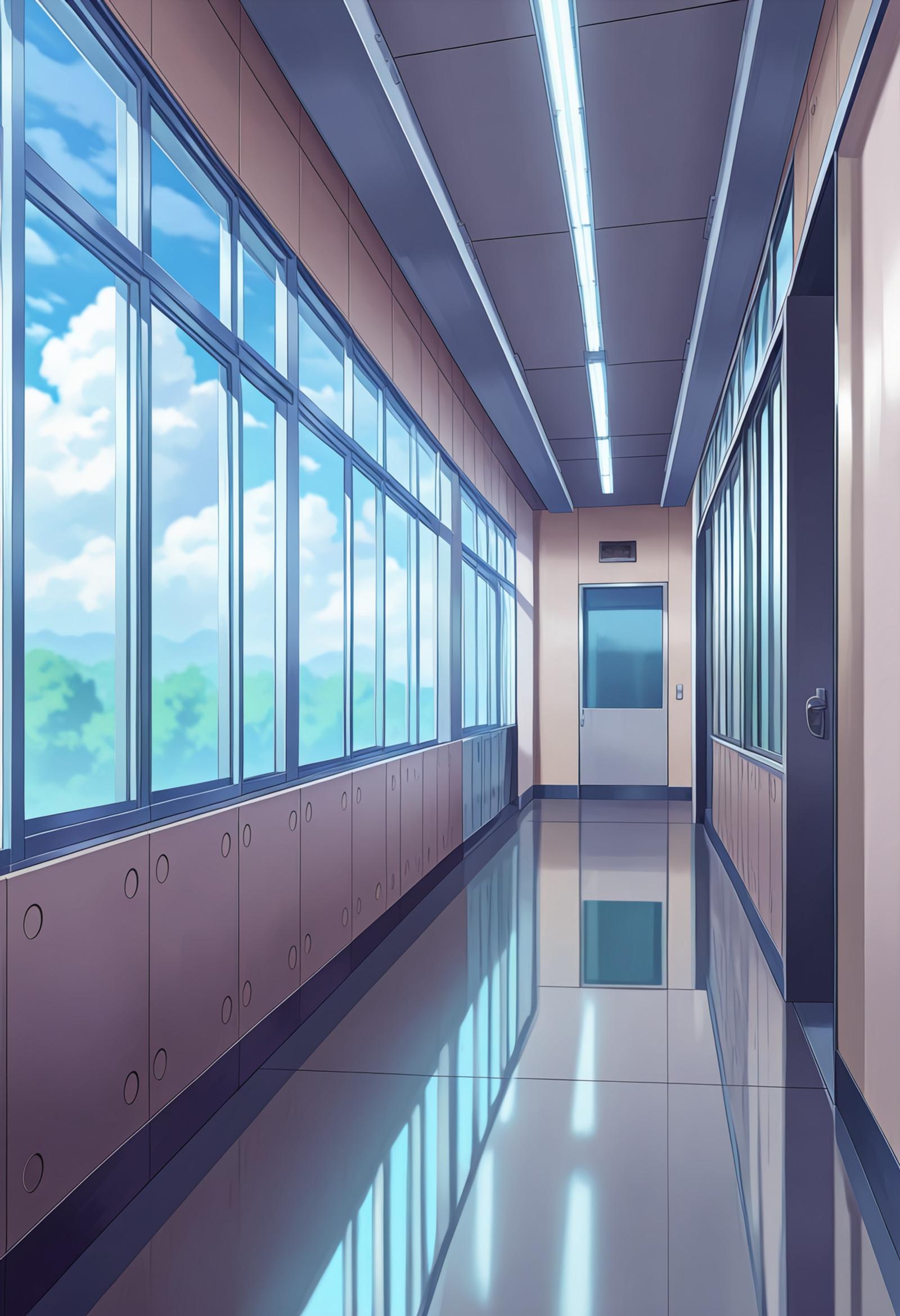 anime screencap,masterpiece,best quality
 <lora:School Hallway_CCK-Concept-000013:1> day, indoors, no humans, depth of field, sunlight, cloudy sky, ceiling light, window shade, hallway, door, school, reflective floor, window,anime screencap