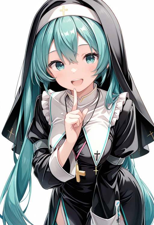 masterpiece,best quality,absurdres,1girl,white background,
hatsune miku,:d,nun,cross,frills,holding,hand up,
leaning forward,upper body,
<lora:training_5545125-20260306234307415:1>,botugo,
