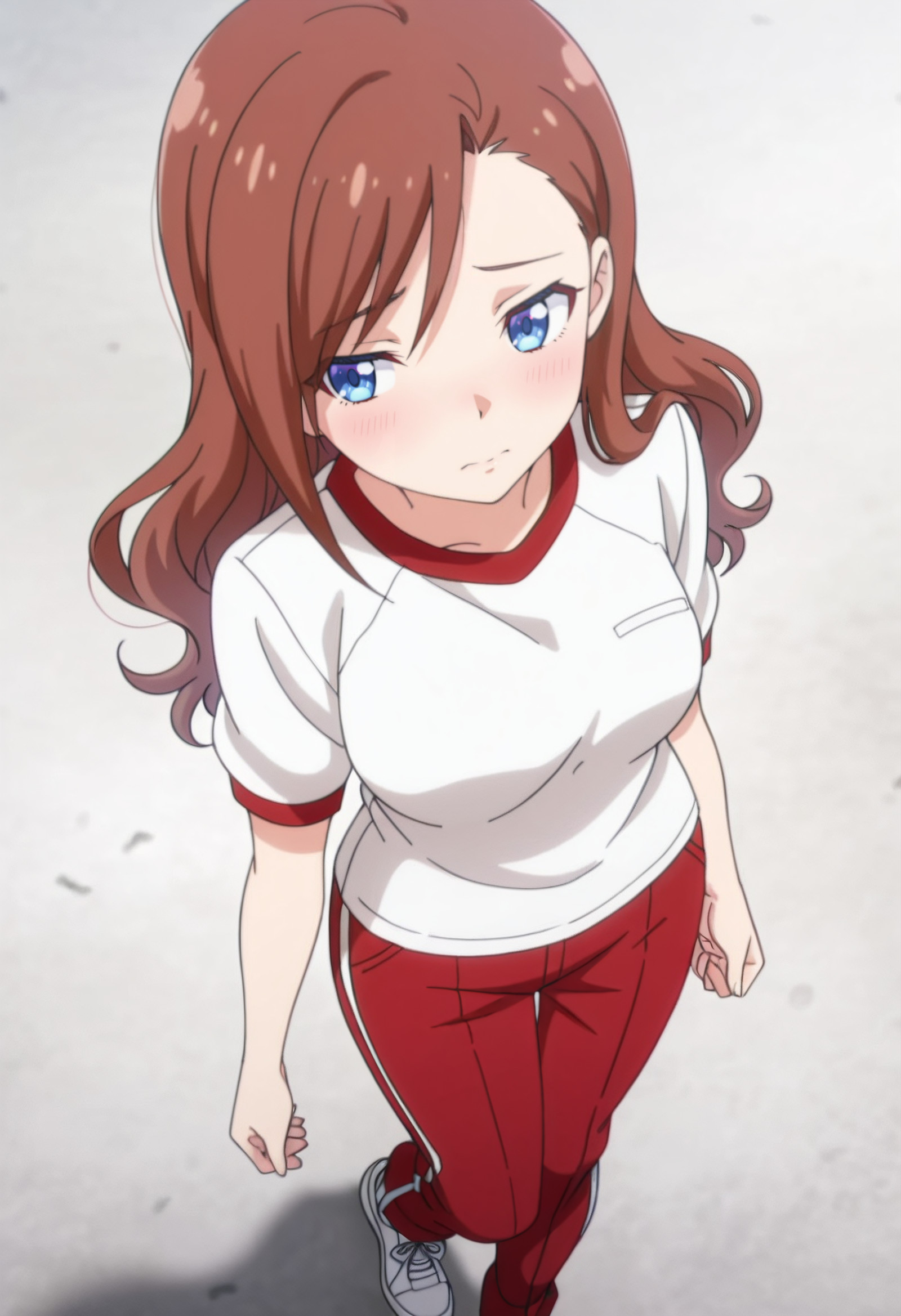 masterpiece, best quality, amazing quality, anime_screencap, anime_coloring, Eyes wide with innocence, soft blush creeping up, lower lip bitten nervously, pleading expression, head slightly tilted down, YJSChiaki, brown_hair, blue_eyes, long_hair, wavy_hair, swept_bangs, solo,  ChiakiGym, gym_uniform, white_shirt, gym_shirt, red_pants, track_pants, short_sleeves, sneakers, single_vertical_stripe, white_footwear, from above, front view, high-angle view,, <segment:girl's face,0.55,0.2//cid=11> Eyes wide with innocence, soft blush creeping up, lower lip bitten nervously, pleading expression, head slightly tilted down, YJSChiaki, brown_hair, blue_eyes, long_hair, wavy_hair, swept_bangs,