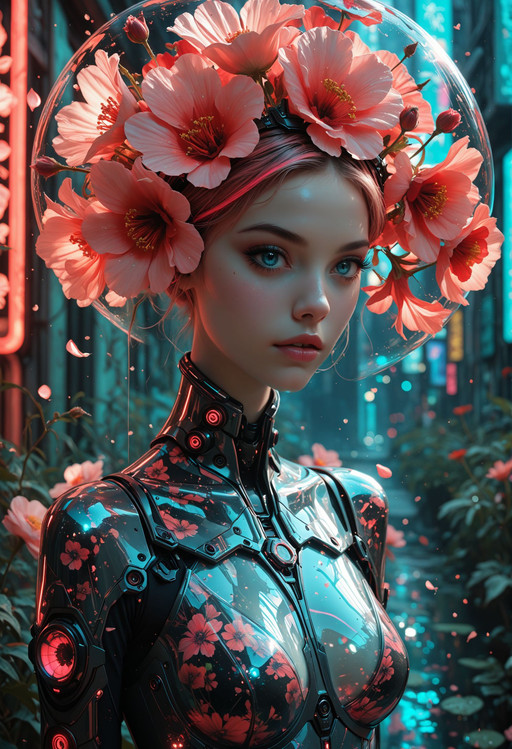 lazypos, masterpiece, 8k, sharp focus, tack sharp, crisp edges, high microcontrast, HDR, raytracing, best quality, absurdres, amazing quality, <lora:Dramatic Lighting Slider:1.5>, <lora:PowerPuffMixLora:0.7>, PowerPuffMixLora, <lora:frostbitev2_Illu_dwnsty:0.1>, <lora:ponyv6_noobV1_2_adamW:0.5>, A futuristic, ethereal woman with a striking cybernetic and floral aesthetic dominates the frame. Her face is symmetrical, her skin smooth and luminescent, radiating a neon pink hue. She has deep ocean blue eyes with visible iris detail and long, arched eyebrows that frame her face. Her nose is refined, with a subtle curve, and her lips are full and painted in a bold pink color. Her skin tone is pale with a subtle glow, hinting at advanced technology or alien origins. She wears an intricate headdress adorned with vivid red poppies and translucent petals, creating a glowing, otherworldly effect. Her body is bare, showcasing an elaborate, cybernetic suit that integrates seamlessly with her skin and features glowing red highlights. The suit is form-fitting, accentuating her curves, with a shimmering texture that catches the light. She stands in an urban environment at night, bathed in a neon pink and blue glow that complements her attire. The background is blurred but suggests an industrial setting with metallic structures and a hint of greenery, possibly moss or bioluminescent plants. The overall mood is sci-fi and mystical, with a strong cyberpunk influence.
Tags: futuristic woman, neon pink glow, deep ocean blue eyes, arched eyebrows, refined nose, full lips, pale skin with glow, intricate headdress, red poppies, translucent petals, cybernetic suit, form-fitting, glowing red highlights, urban night setting, metallic structures, greenery, bioluminescent plants, cyberpunk influence, <lora:MoriiMee_Gothic_Niji_Style_Illustrious_r1:0.2>, artist:moriimee