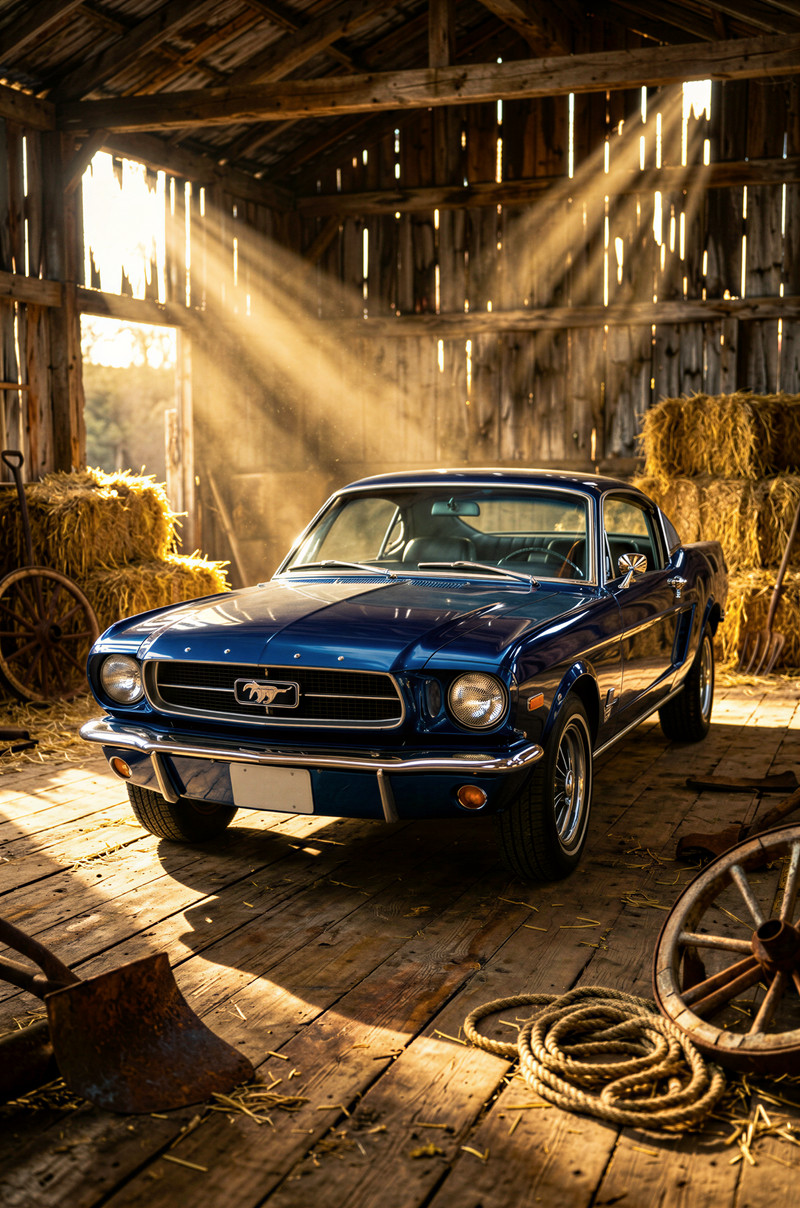 Subject: A meticulously preserved, midnight blue Ford Mustang (late 1960s muscle car aesthetic), showcased in 