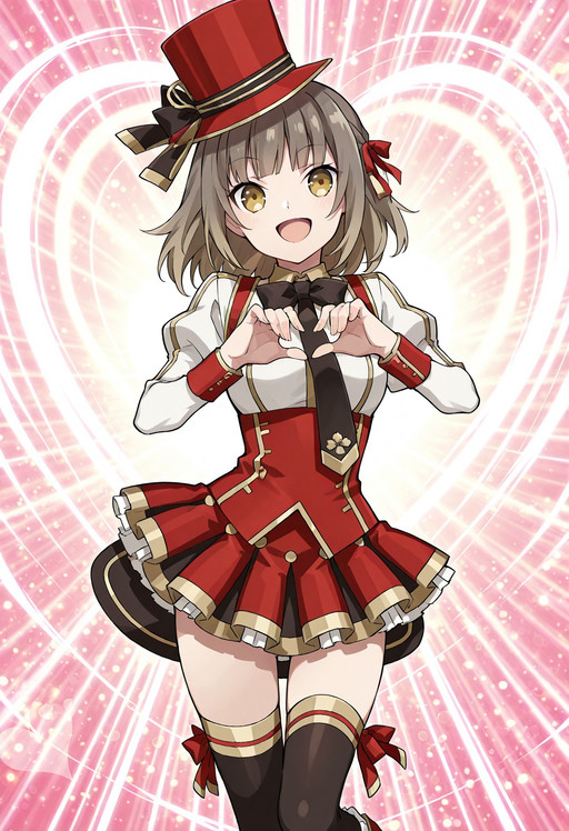 anime screencap, anime coloring, (masterpiece, best quality), mahoutukai riko, 1girl, Hat, ribbon, shirt, Mini skirt, thigh highs, black thigh-highs, smile, looking at viewer, open mouth, (heart pose, dynamic pose:1.6)