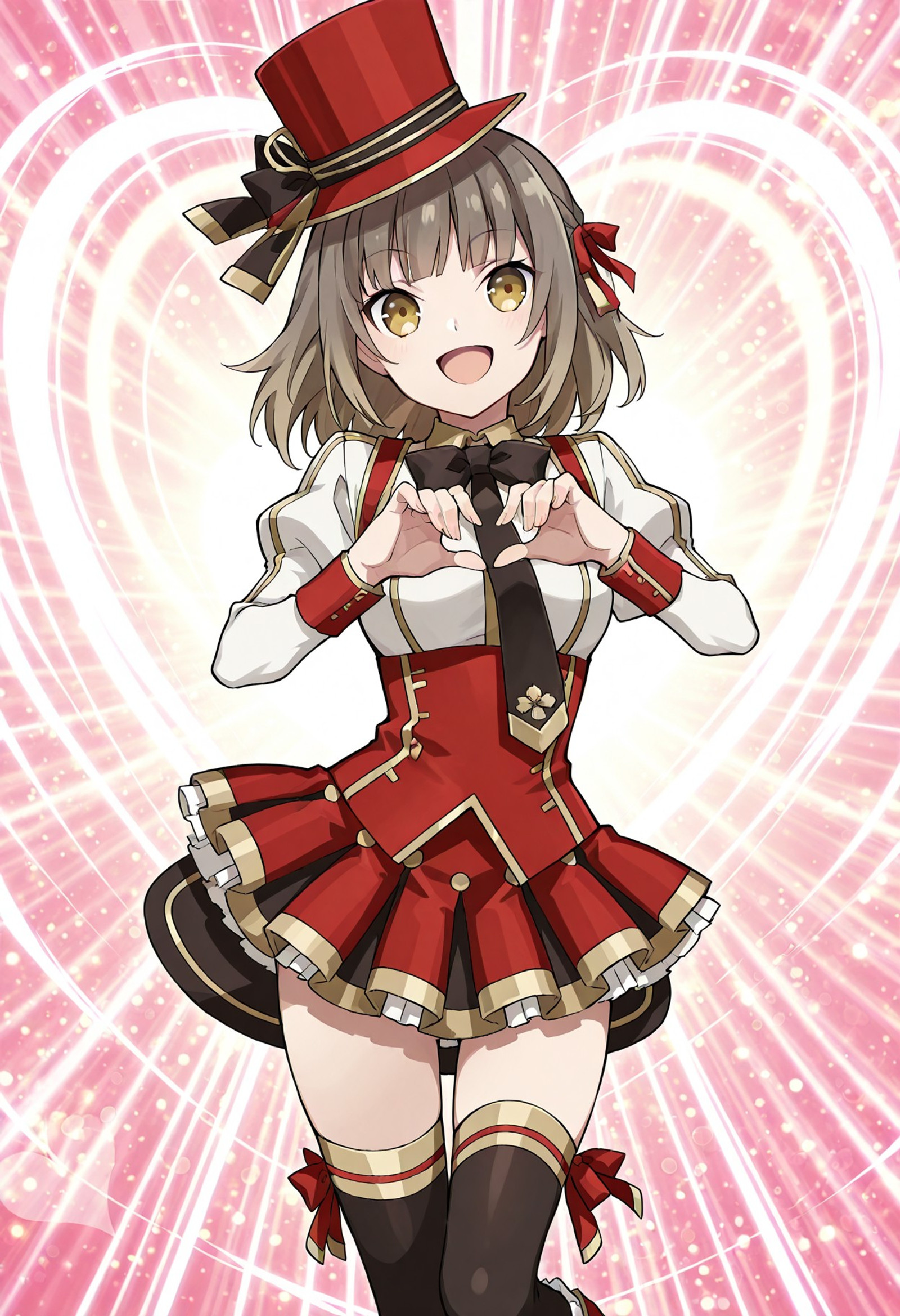 anime screencap, anime coloring, (masterpiece, best quality), mahoutukai riko, 1girl, Hat, ribbon, shirt, Mini skirt, thigh highs, black thigh-highs, smile, looking at viewer, open mouth, (heart pose, dynamic pose:1.6)