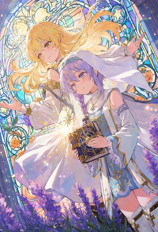 mhh, dynamic angle, abstract, ,detailed anime-style illustration,chalk outline, 2girls, floating, levitating, symmetrical composition, 
BREAK
sunset priestess, (warm blonde hair:1.3), braided hair, (amber eyes:1.2), gentle smile,
white fantasy nun dress, (gold trim:1.3), detached sleeves, white veil,
sun pendant, ribbon, black thigh boots, zettai ryouiki,
holding open grimoire, (orange roses:1.2), radiant sunset aura, glowing particles,
BREAK
twilight priestess, (lavender hair:1.3), long hair, (violet eyes:1.2), soft smile,
light silver dress, (violet trim:1.3), soft veil,
star pendant, black thigh boots, zettai ryouiki,
holding grimoire, (purple flowers:1.2), soft star aura, sparkling light,
BREAK
glowing particles, stained glass windows, golden sunlight,sunset sky outside, orange and violet lighting,
colorful light rays, warm glow,
depth of field, soft focus, lens flare, bright atmosphere , high resolution, aesthetic, excellent, medium resolution, year 2025, masterpiece, best quality, amazing quality, highres, absurdres, newest, very awa,