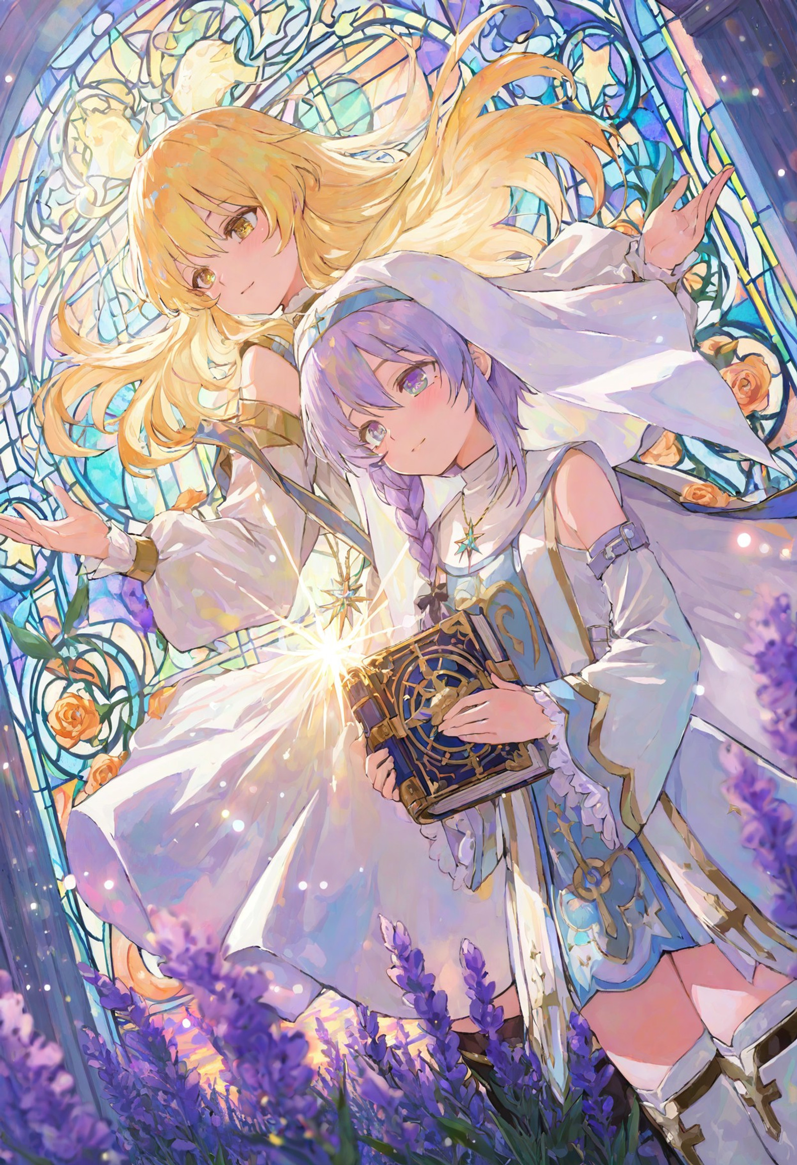 mhh, dynamic angle, abstract, ,detailed anime-style illustration,chalk outline, 2girls, floating, levitating, symmetrical composition, 
BREAK
sunset priestess, (warm blonde hair:1.3), braided hair, (amber eyes:1.2), gentle smile,
white fantasy nun dress, (gold trim:1.3), detached sleeves, white veil,
sun pendant, ribbon, black thigh boots, zettai ryouiki,
holding open grimoire, (orange roses:1.2), radiant sunset aura, glowing particles,
BREAK
twilight priestess, (lavender hair:1.3), long hair, (violet eyes:1.2), soft smile,
light silver dress, (violet trim:1.3), soft veil,
star pendant, black thigh boots, zettai ryouiki,
holding grimoire, (purple flowers:1.2), soft star aura, sparkling light,
BREAK
glowing particles, stained glass windows, golden sunlight,sunset sky outside, orange and violet lighting,
colorful light rays, warm glow,
depth of field, soft focus, lens flare, bright atmosphere , high resolution, aesthetic, excellent, medium resolution, year 2025, masterpiece, best quality, amazing quality, highres, absurdres, newest, very awa,